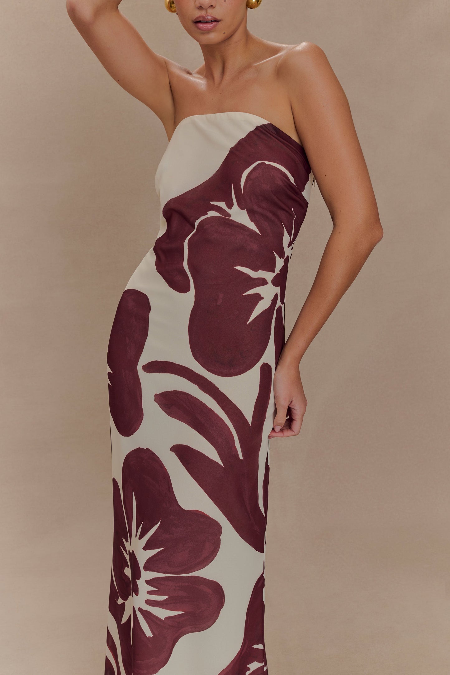 Robe Maxi en Chiffon sans Bretelles Amaya - Imprimé Fleur Déco Brun