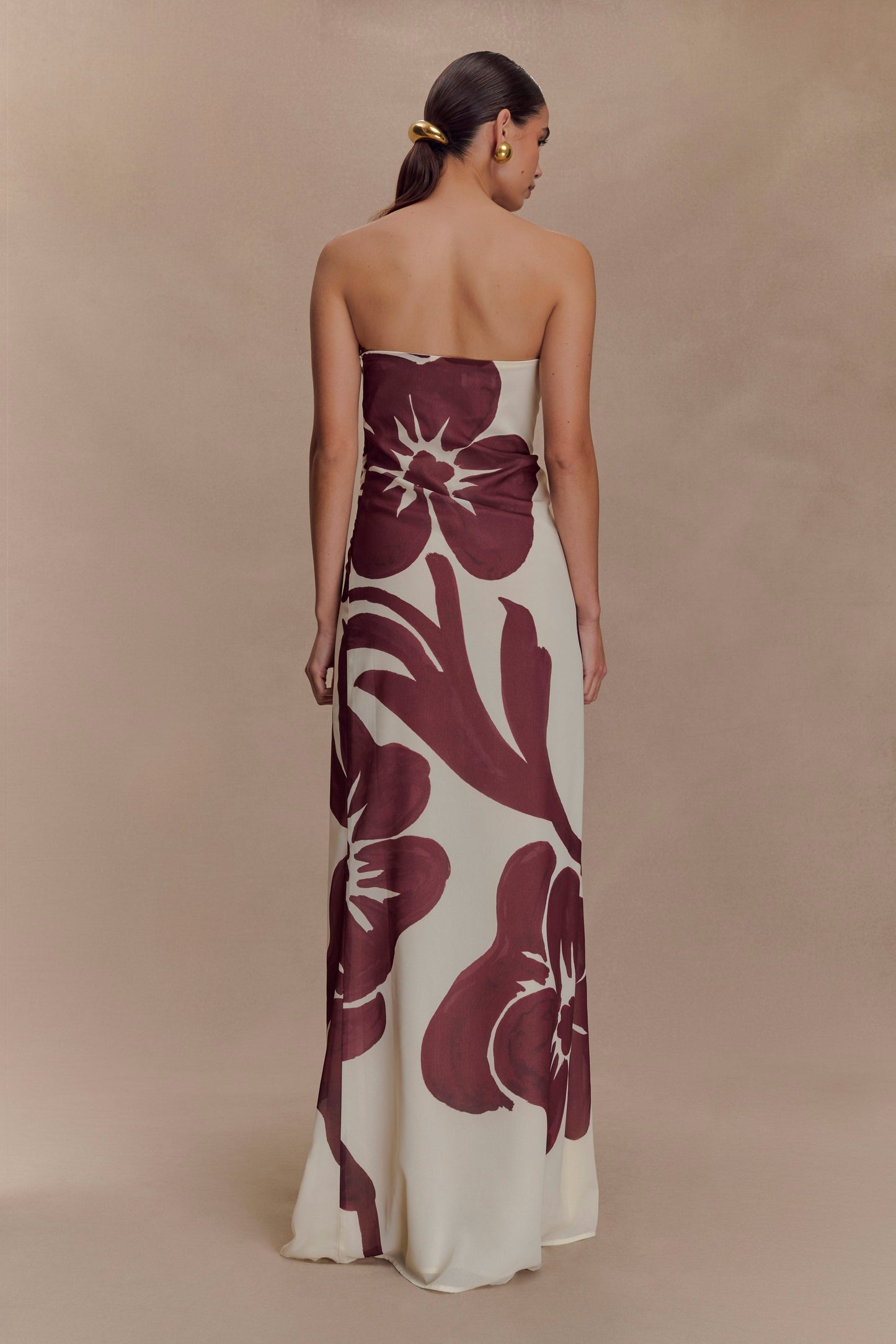 Robe Maxi en Chiffon sans Bretelles Amaya - Imprimé Fleur Déco Brun