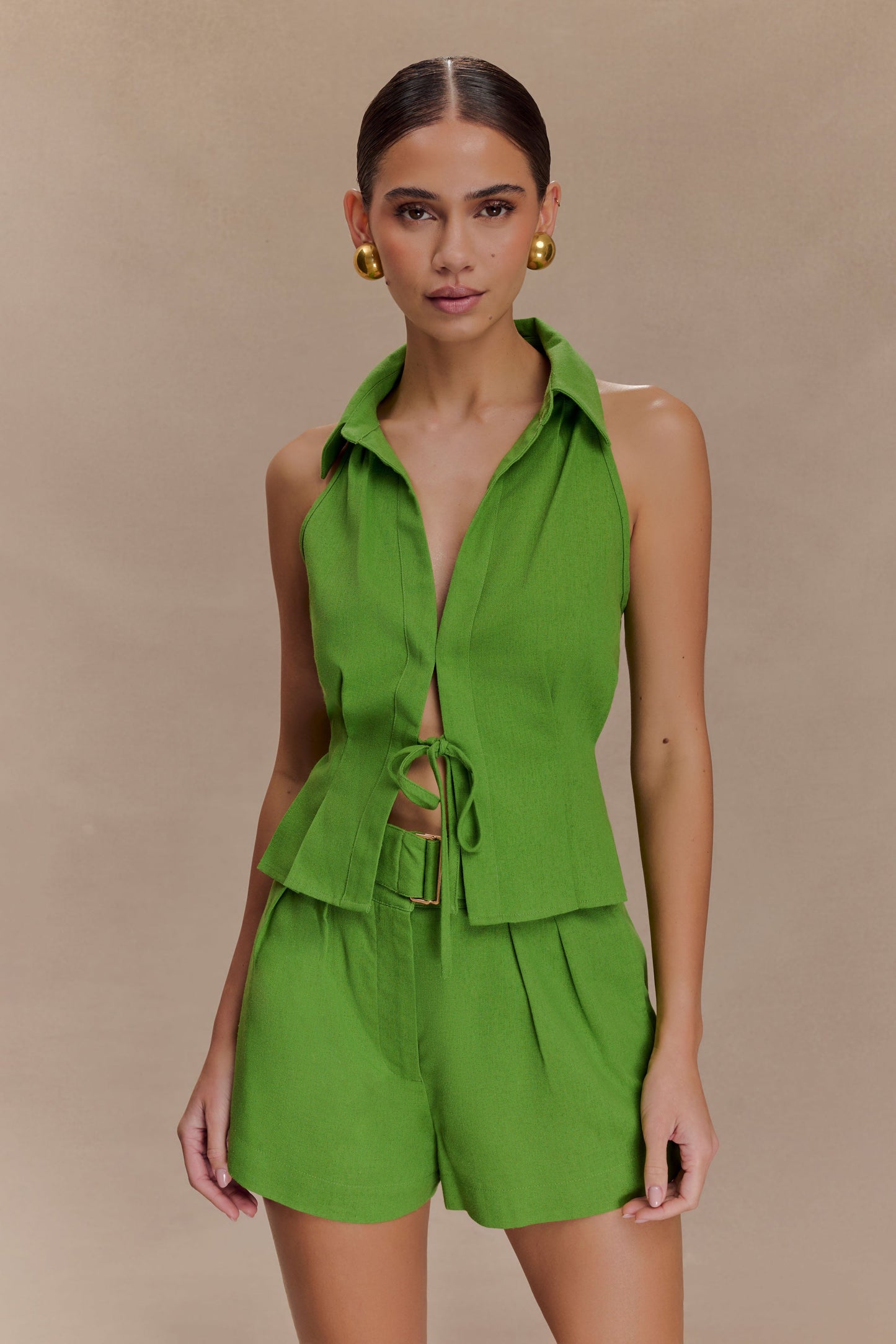Shorts en lin avec ceinture - Vert