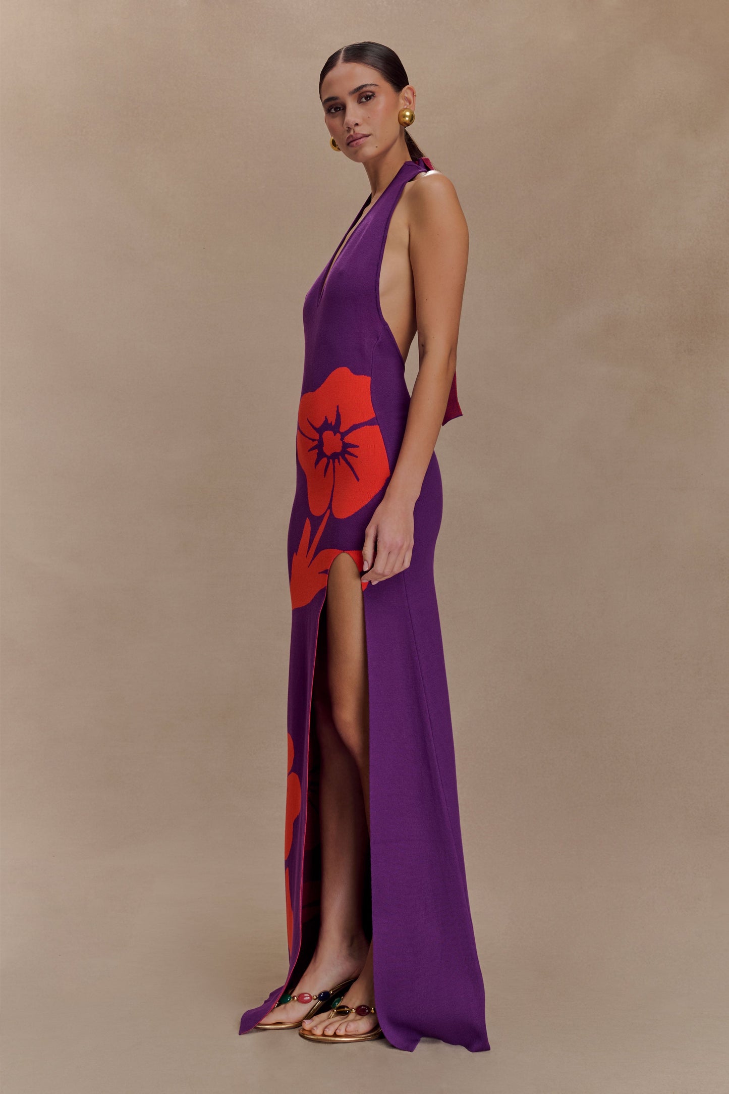 Robe Maxi à Manches Frangées en Tricot Stacy - Violet/Rouge