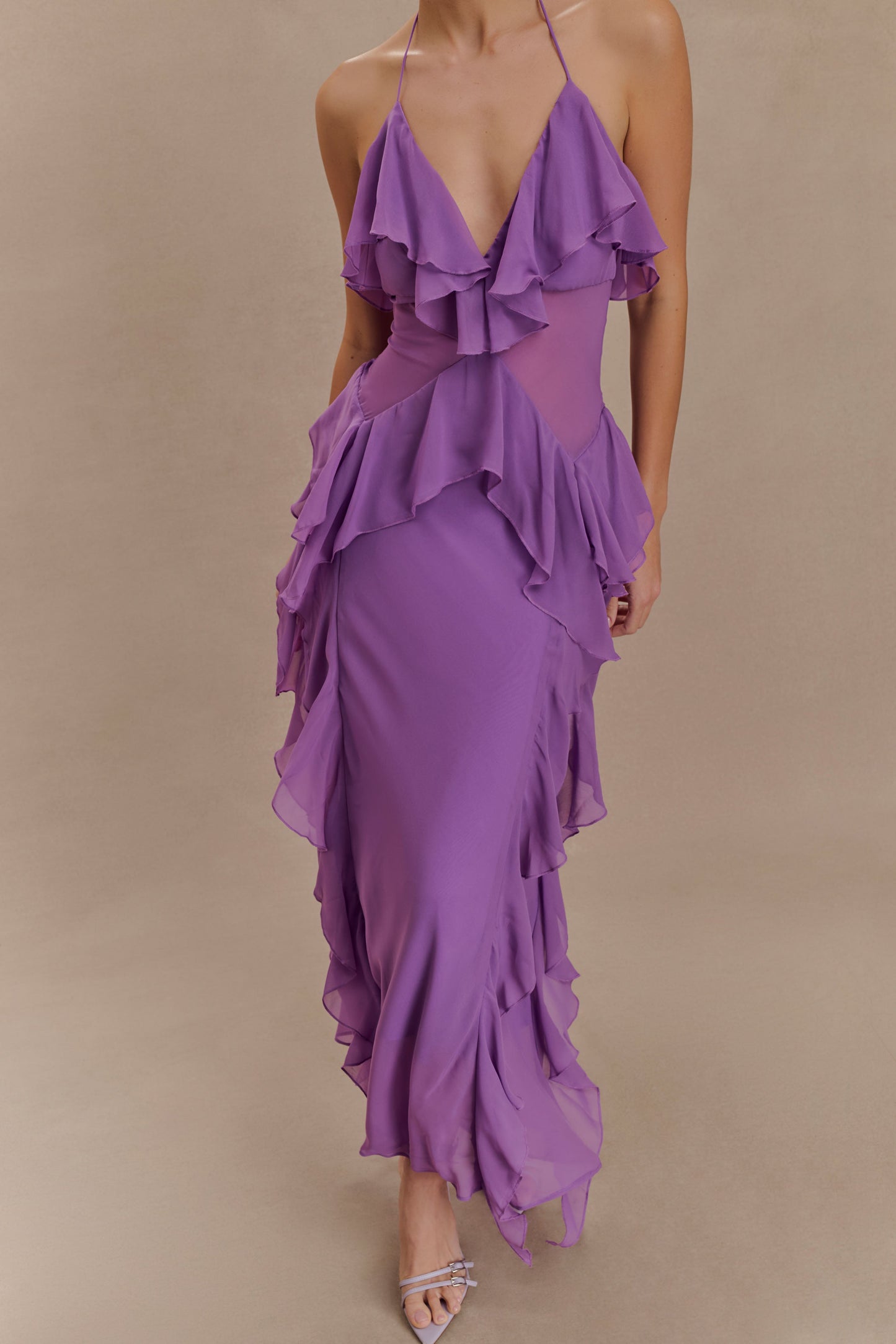Robe midi en mousseline de soie à volants Aleyna - Violette