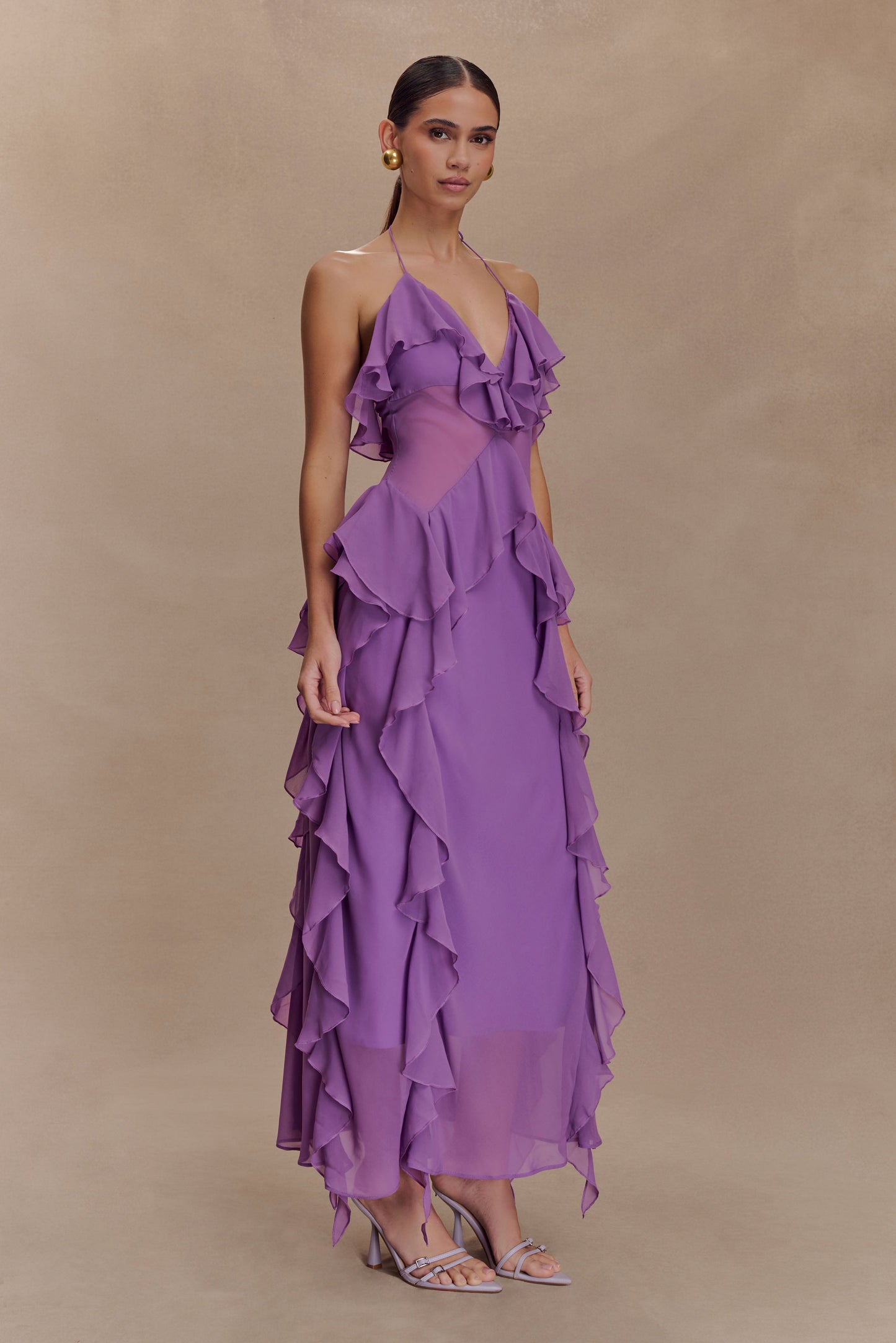 Robe midi en mousseline de soie à volants Aleyna - Violette