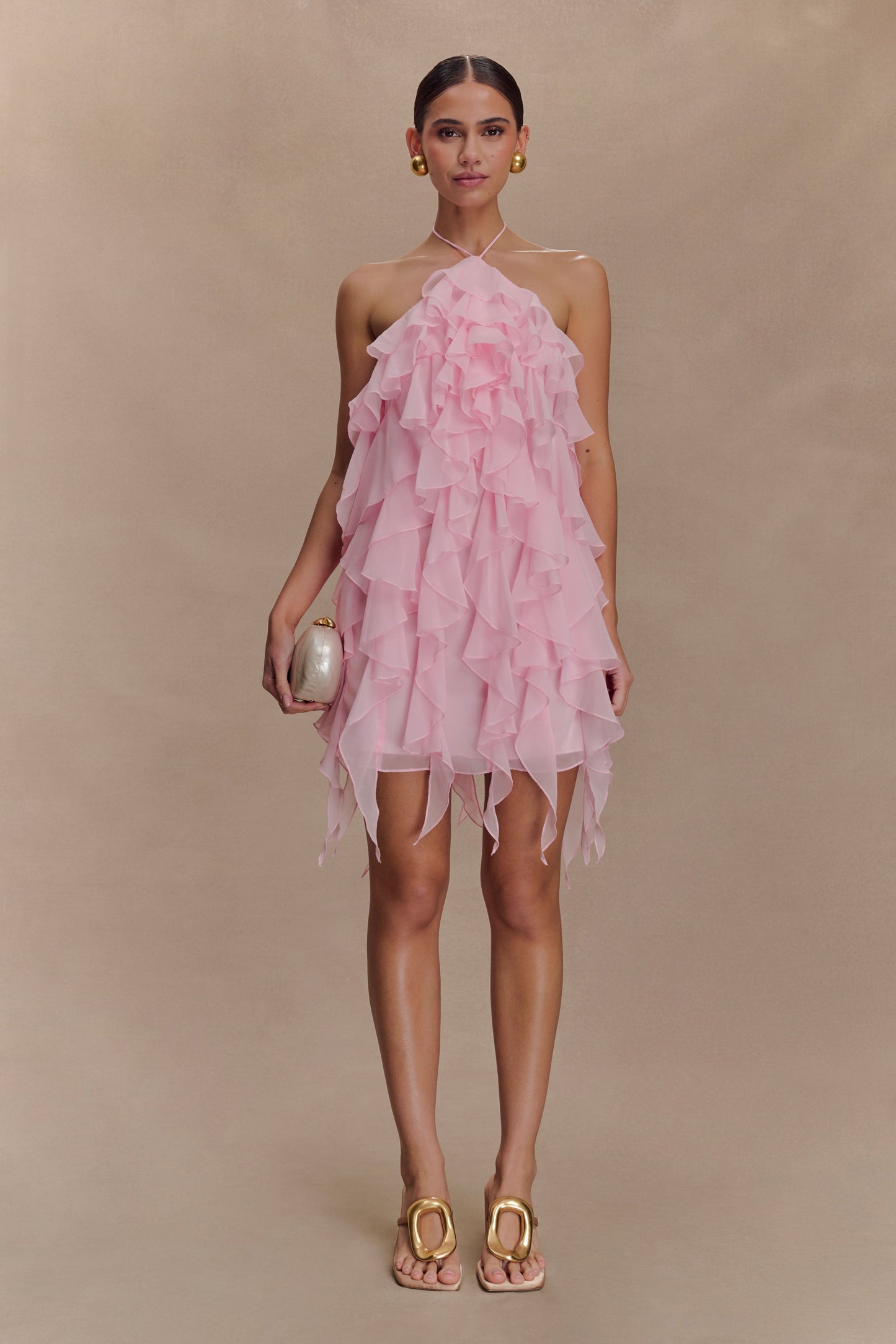 Mini-robe halter à volants Marigold - Rose Poudré