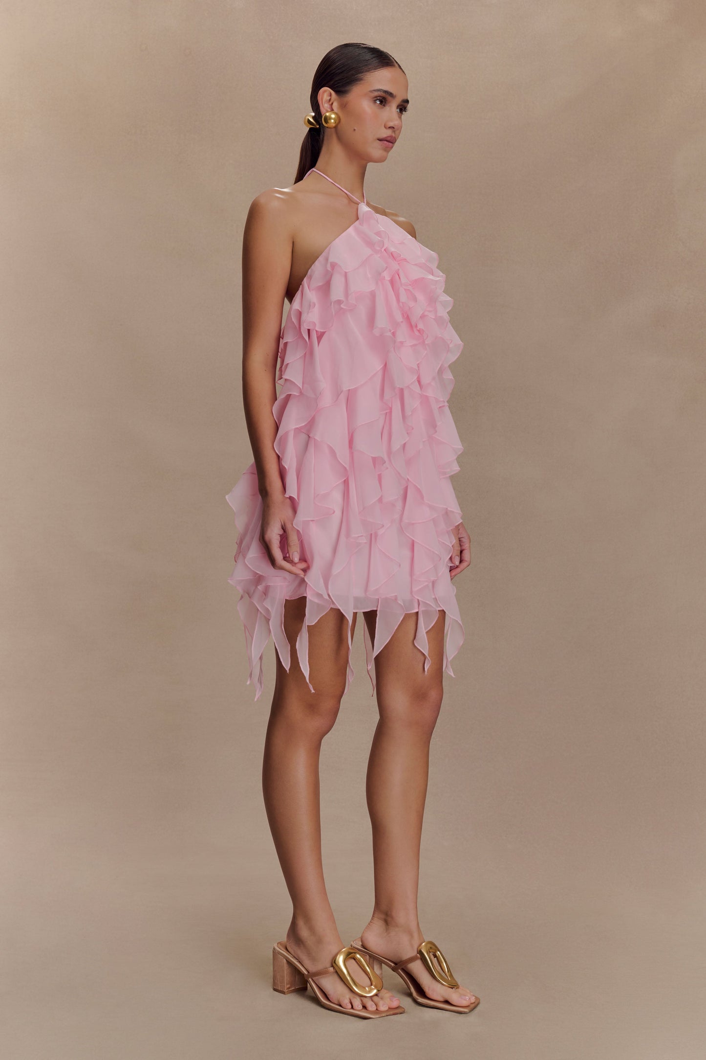 Mini-robe halter à volants Marigold - Rose Poudré