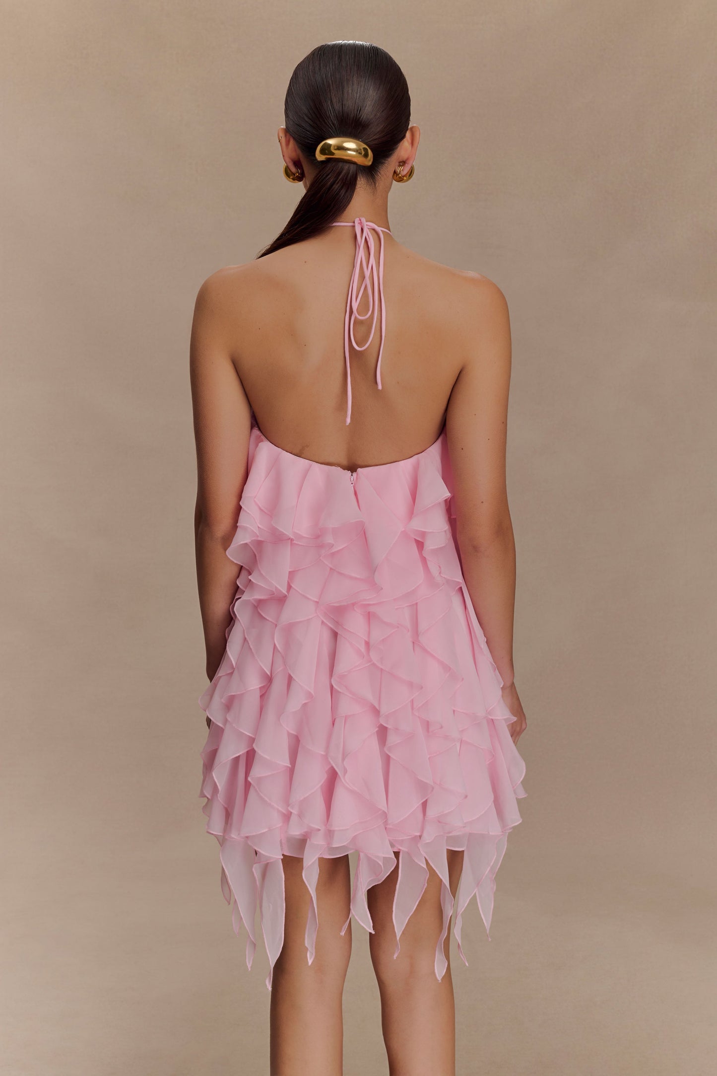 Mini-robe halter à volants Marigold - Rose Poudré