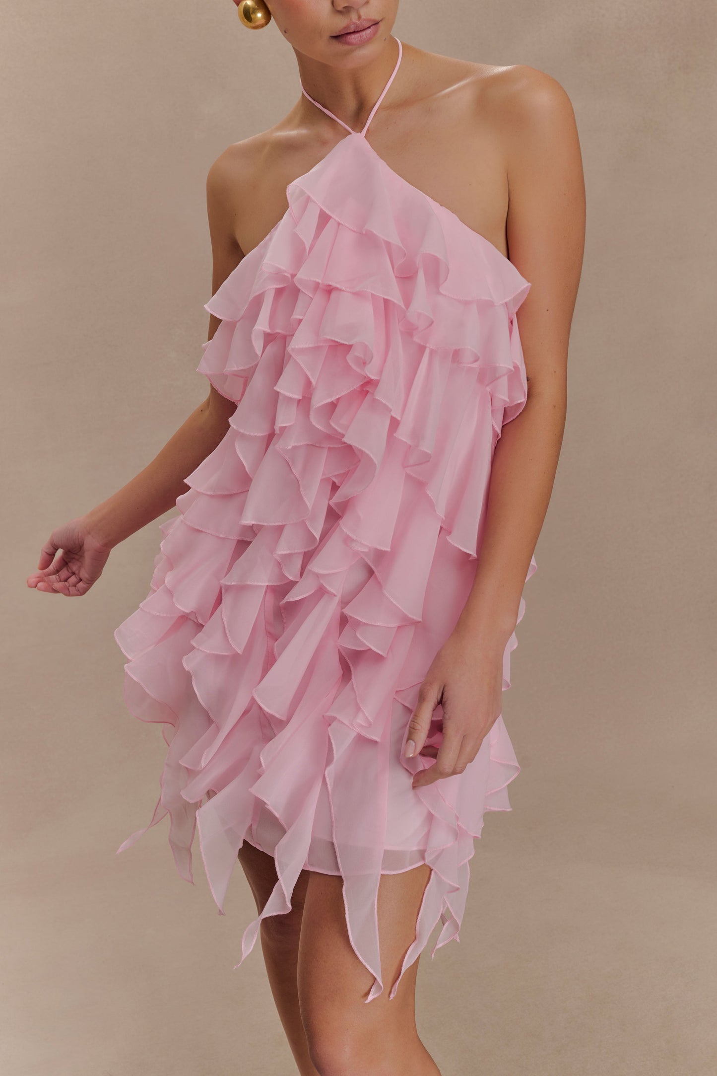 Mini-robe halter à volants Marigold - Rose Poudré