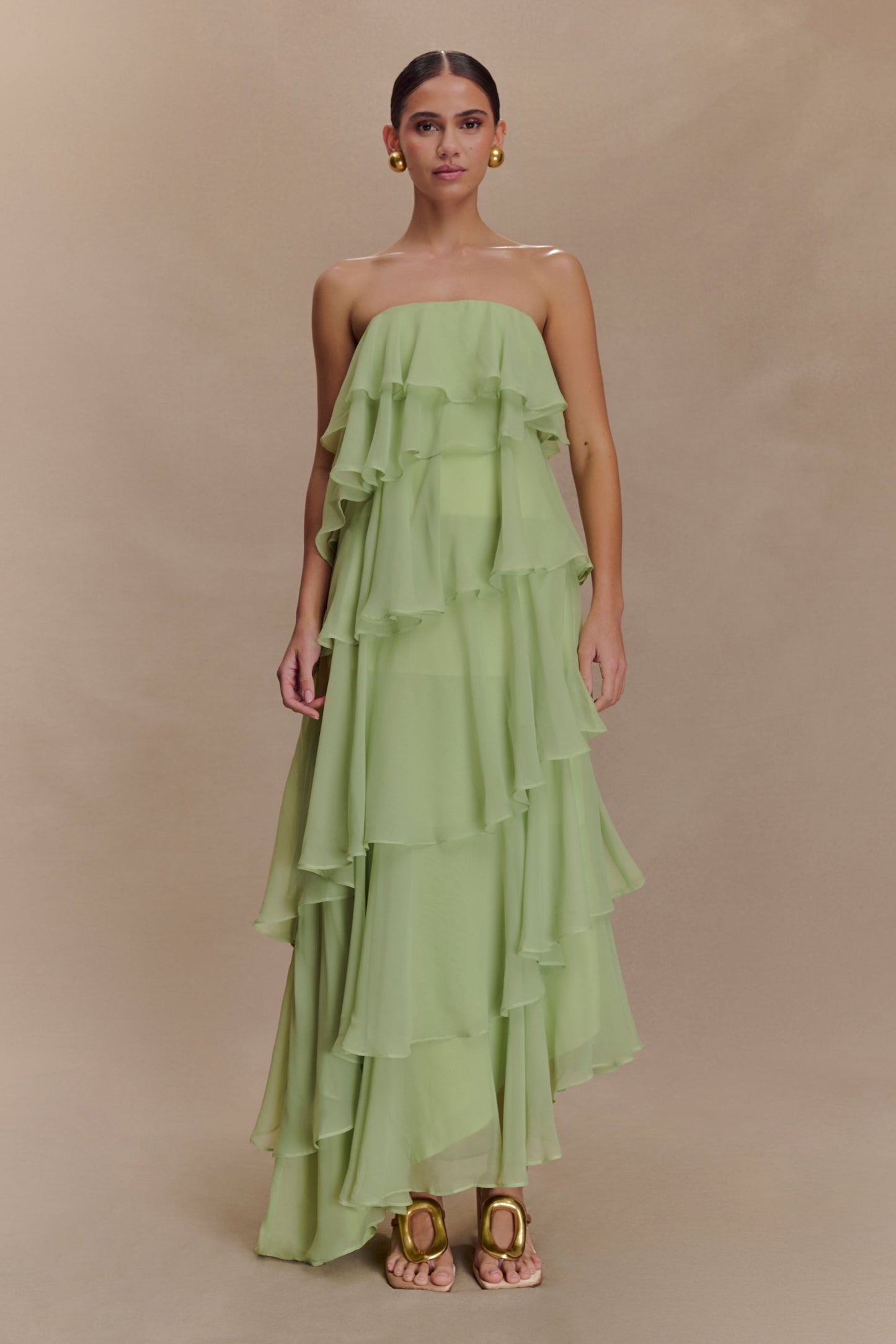 Robe Maxi Alexa en Chiffon à Volants - Vert Citron Pastel