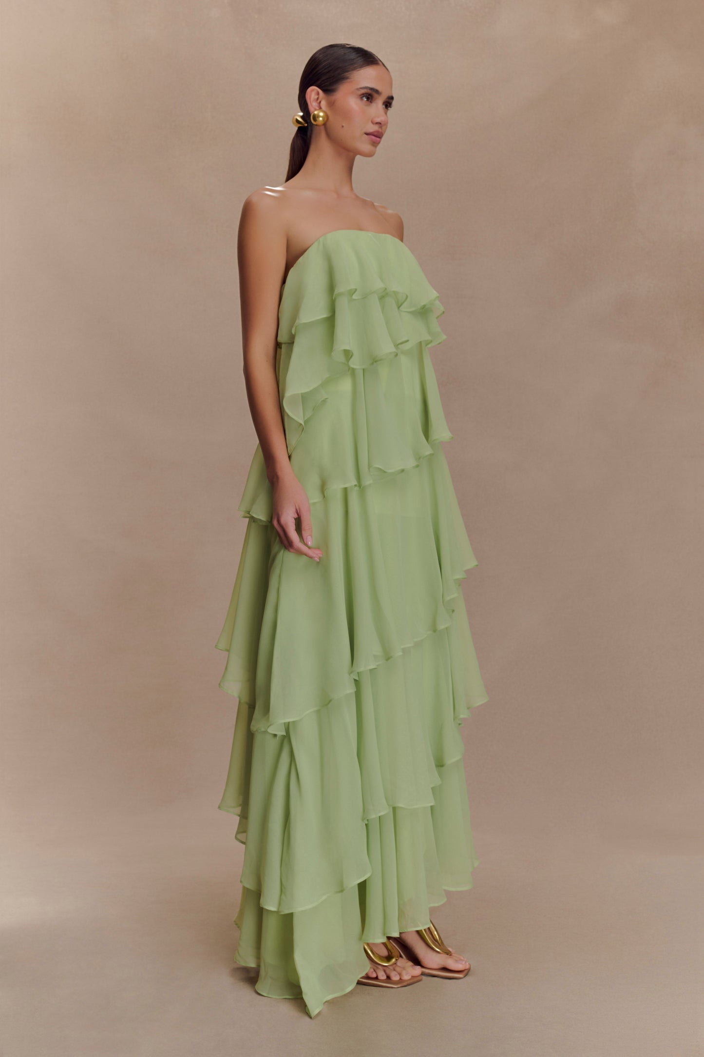 Robe Maxi Alexa en Chiffon à Volants - Vert Citron Pastel