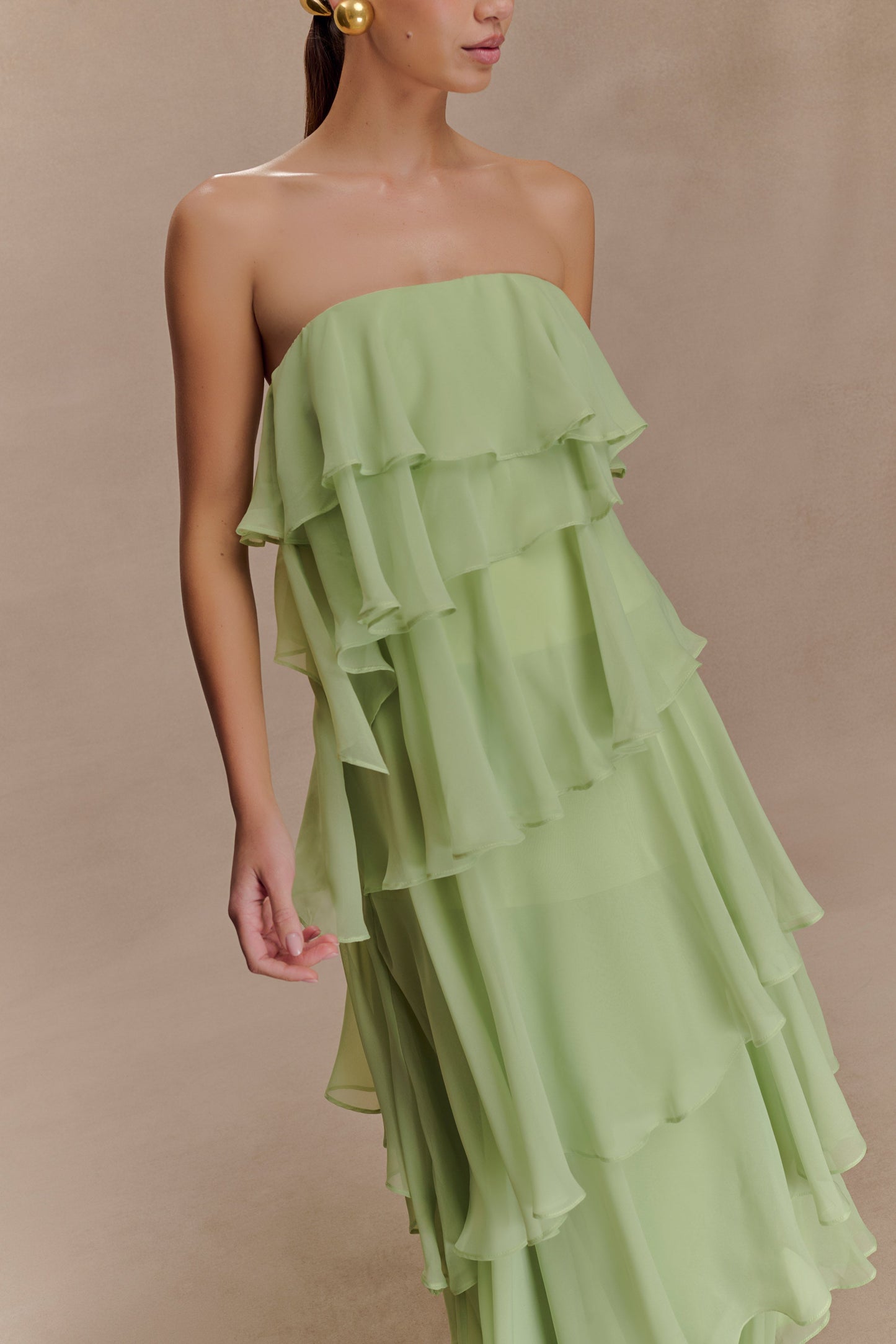 Robe Maxi Alexa en Chiffon à Volants - Vert Citron Pastel