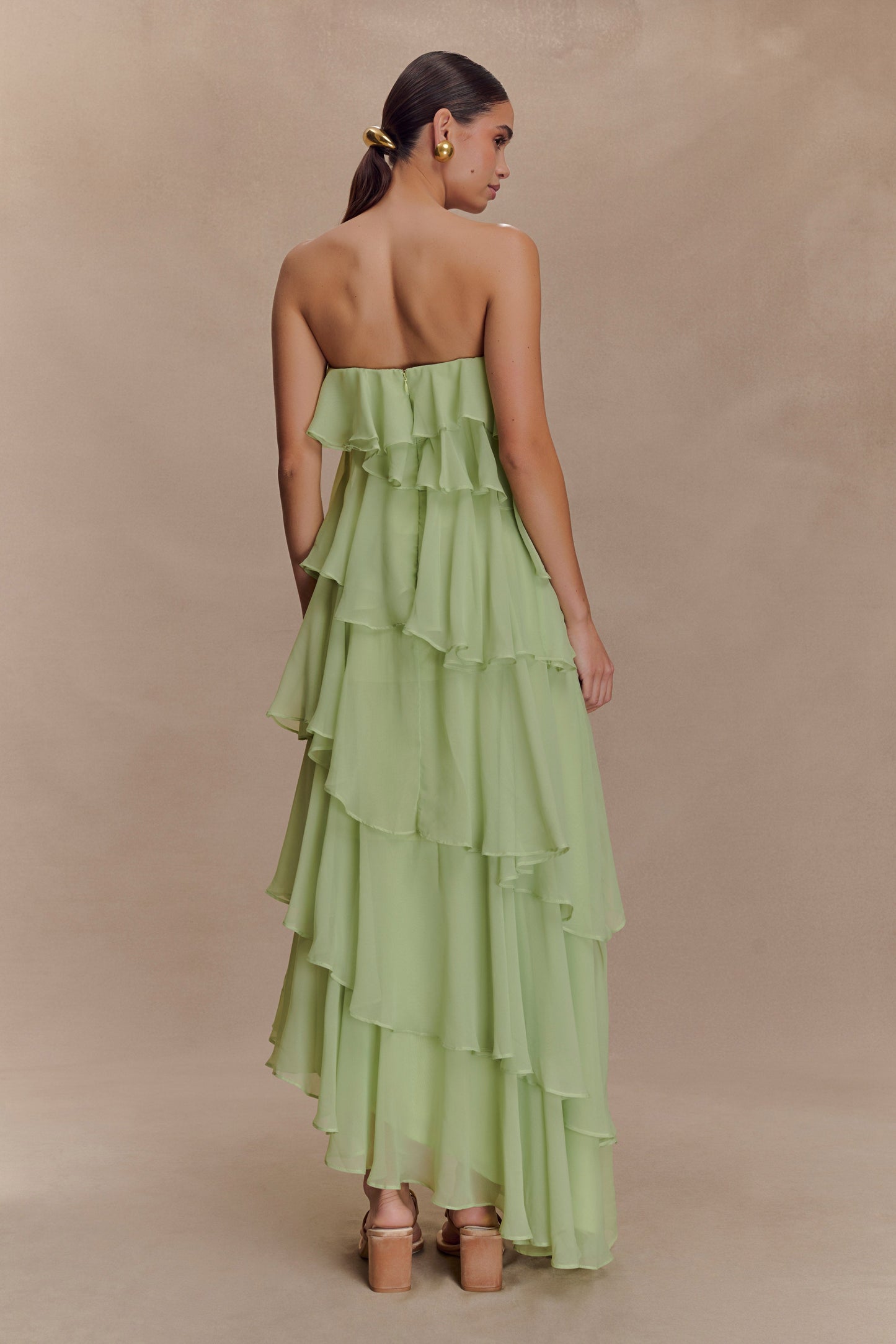Robe Maxi Alexa en Chiffon à Volants - Vert Citron Pastel