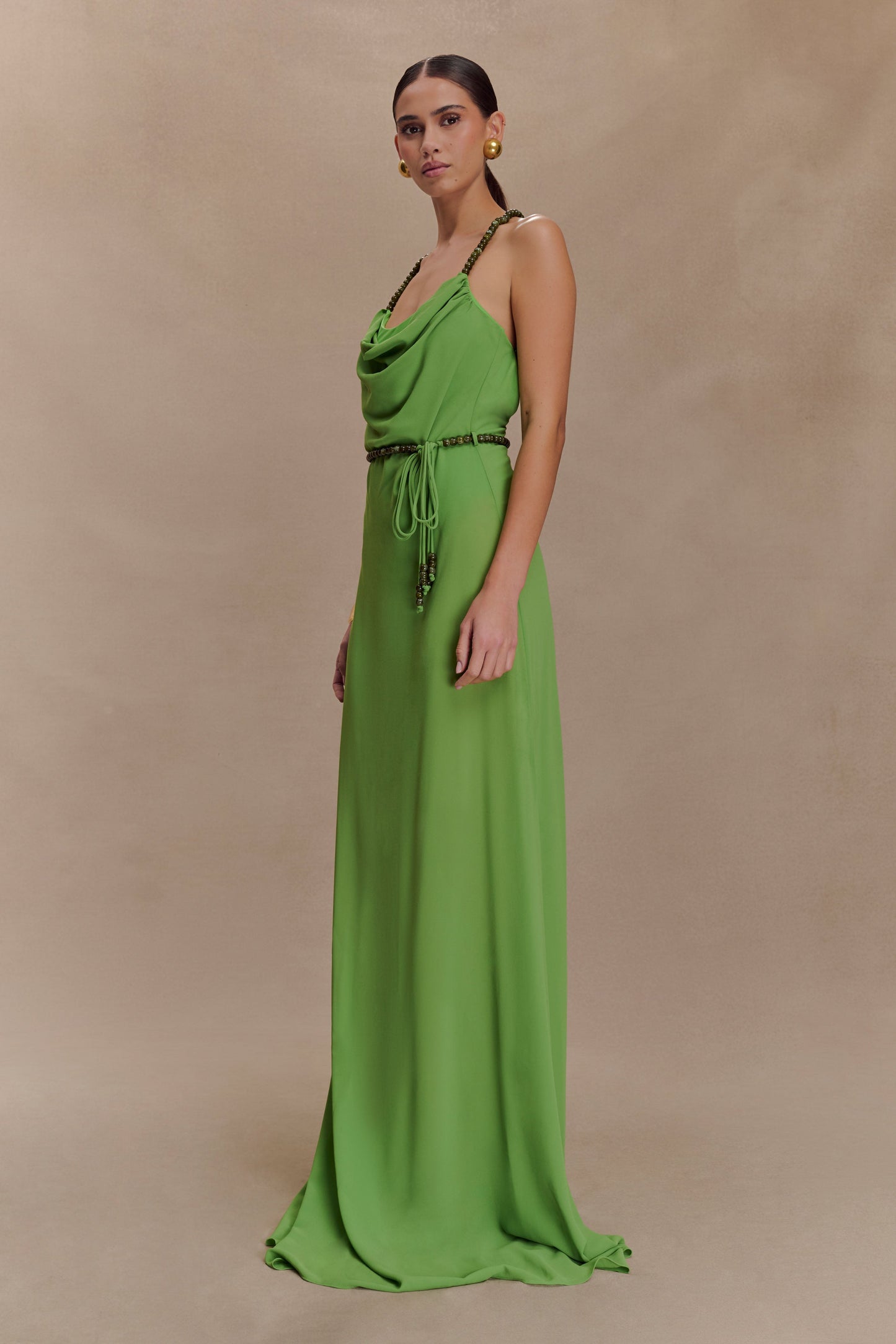 Robe Maxi en Chiffon Perlée Elaine - Verte