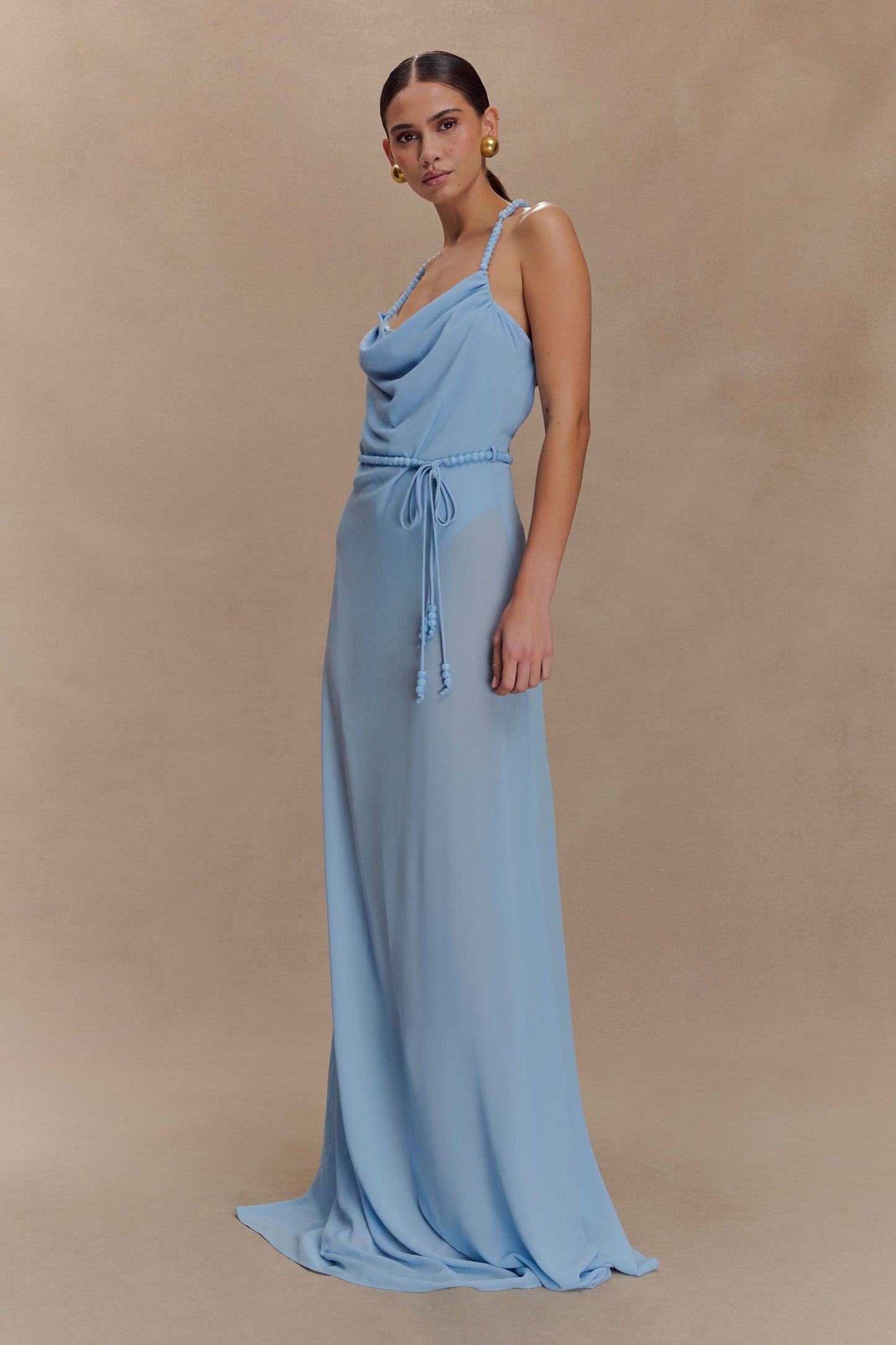 Robe Maxi en Chiffon Perlée Elaine - Bleu Ciel