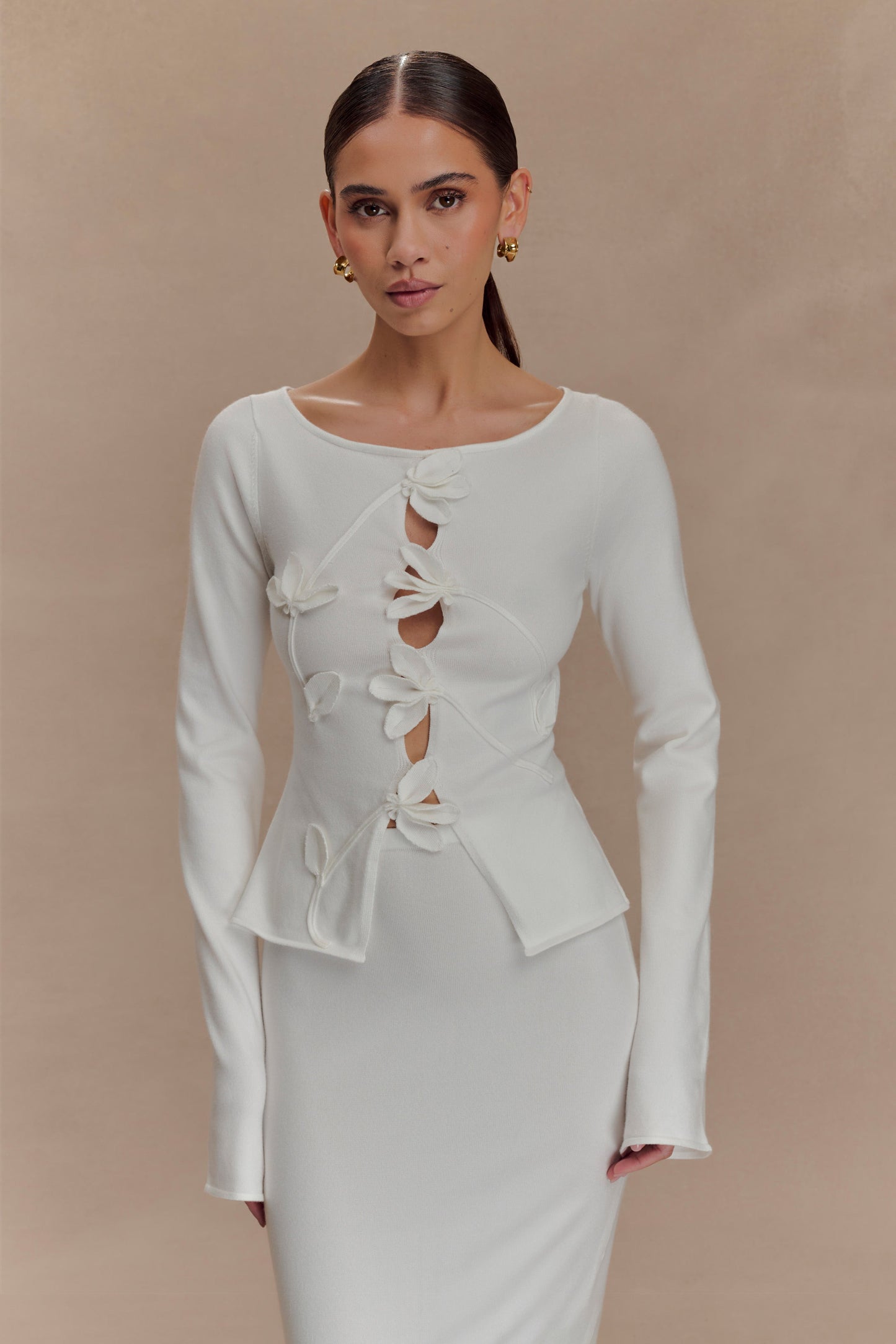 Top en tricot à manches longues à motifs floraux Alejandra - Blanc