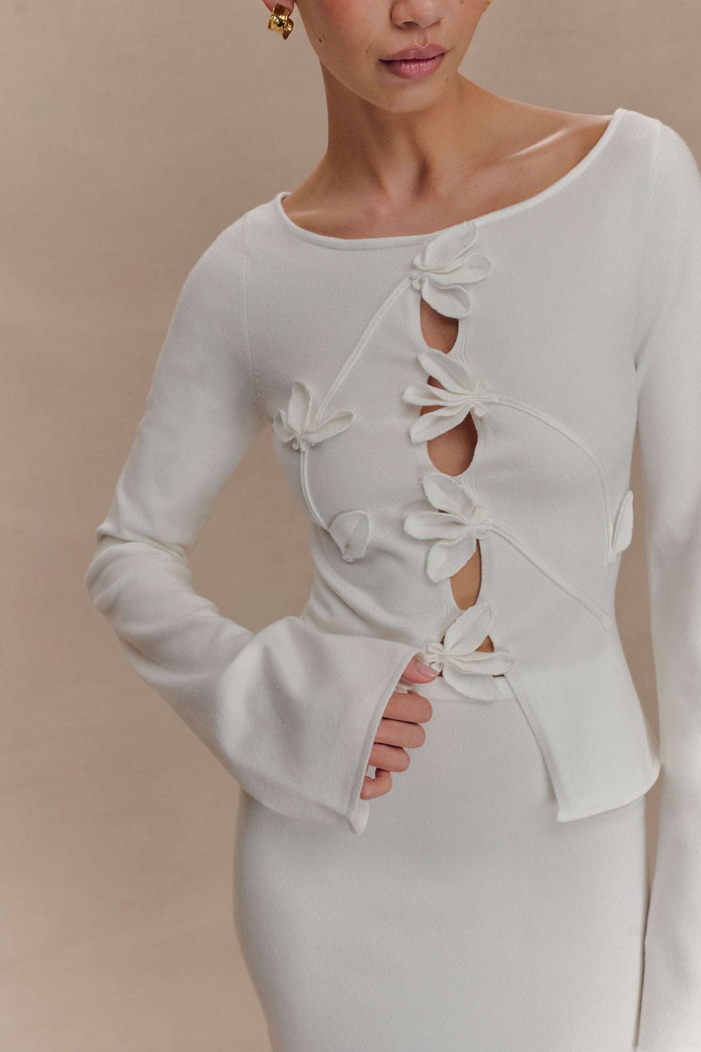 Top en tricot à manches longues à motifs floraux Alejandra - Blanc