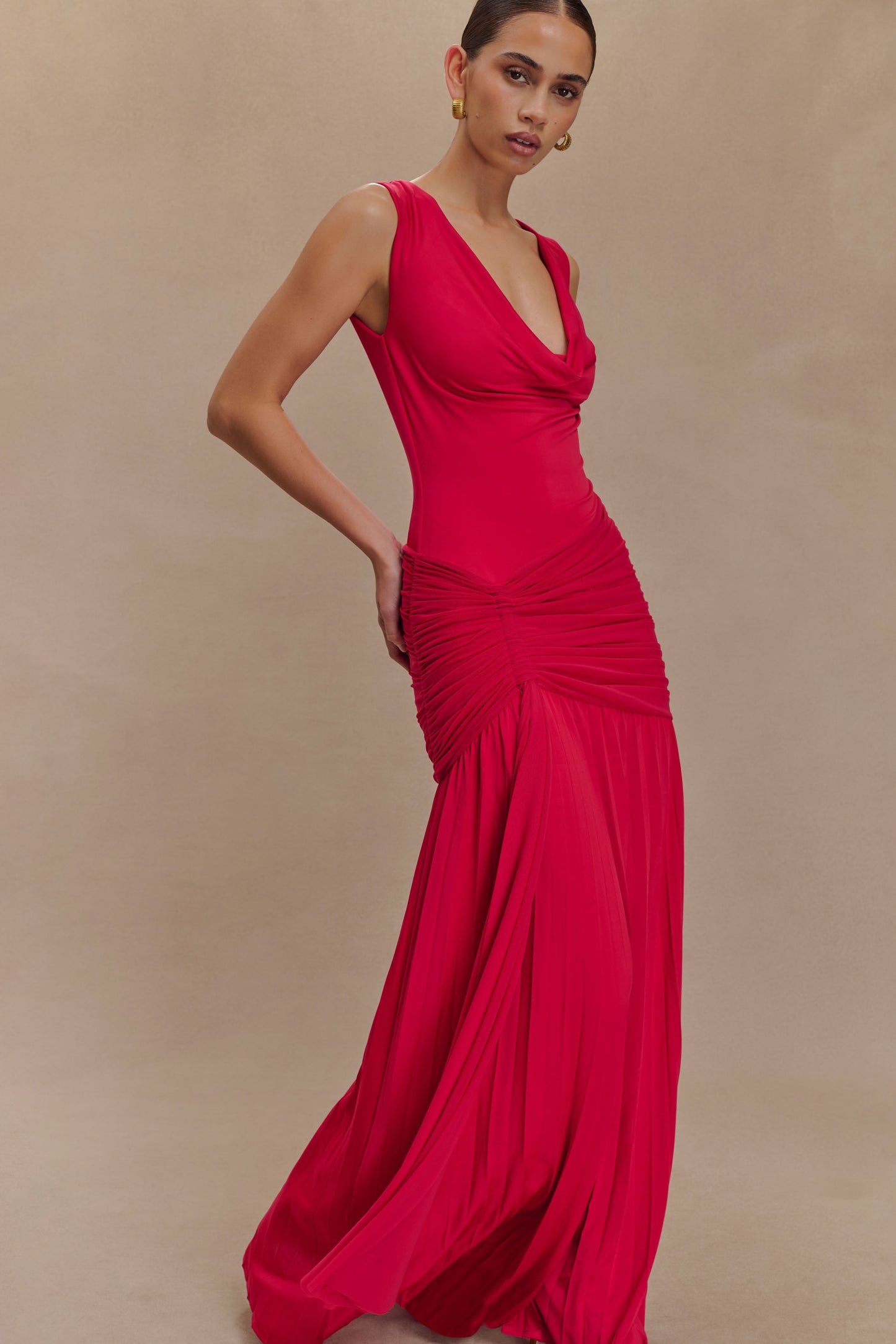 Robe maxi Dania à col montant et matière fluide - Rose fuchsia