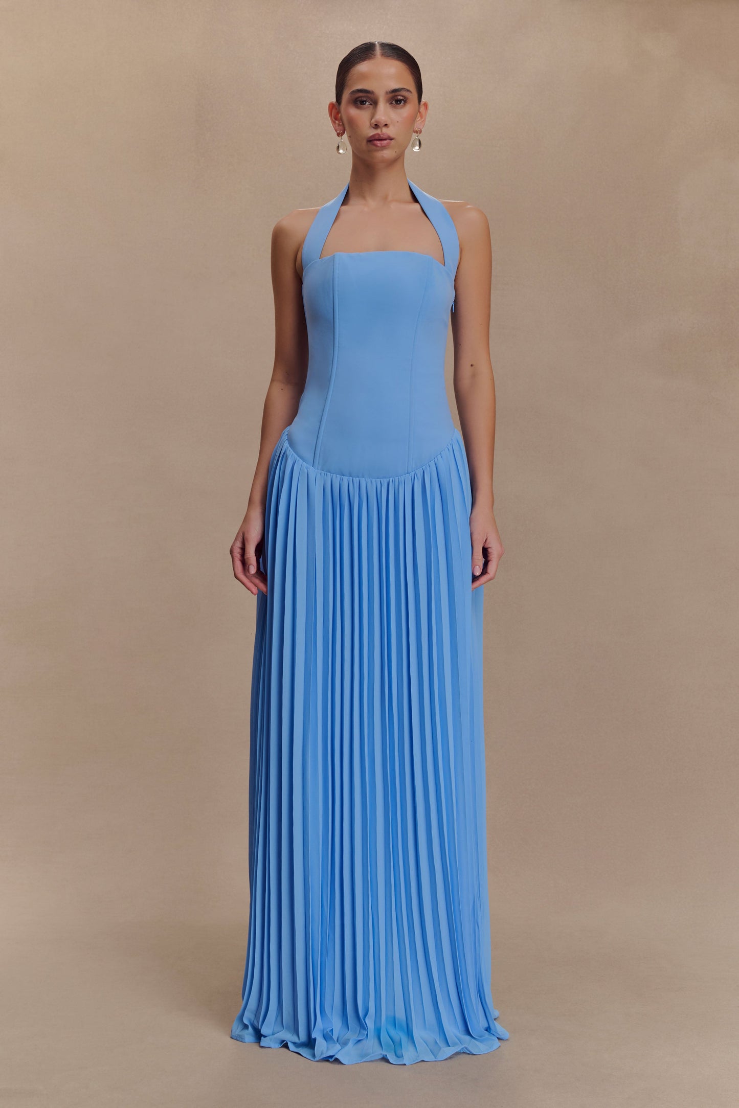 Robe Maxi Stacie à Plis et Emmanchures Croisées - Bleu Clair