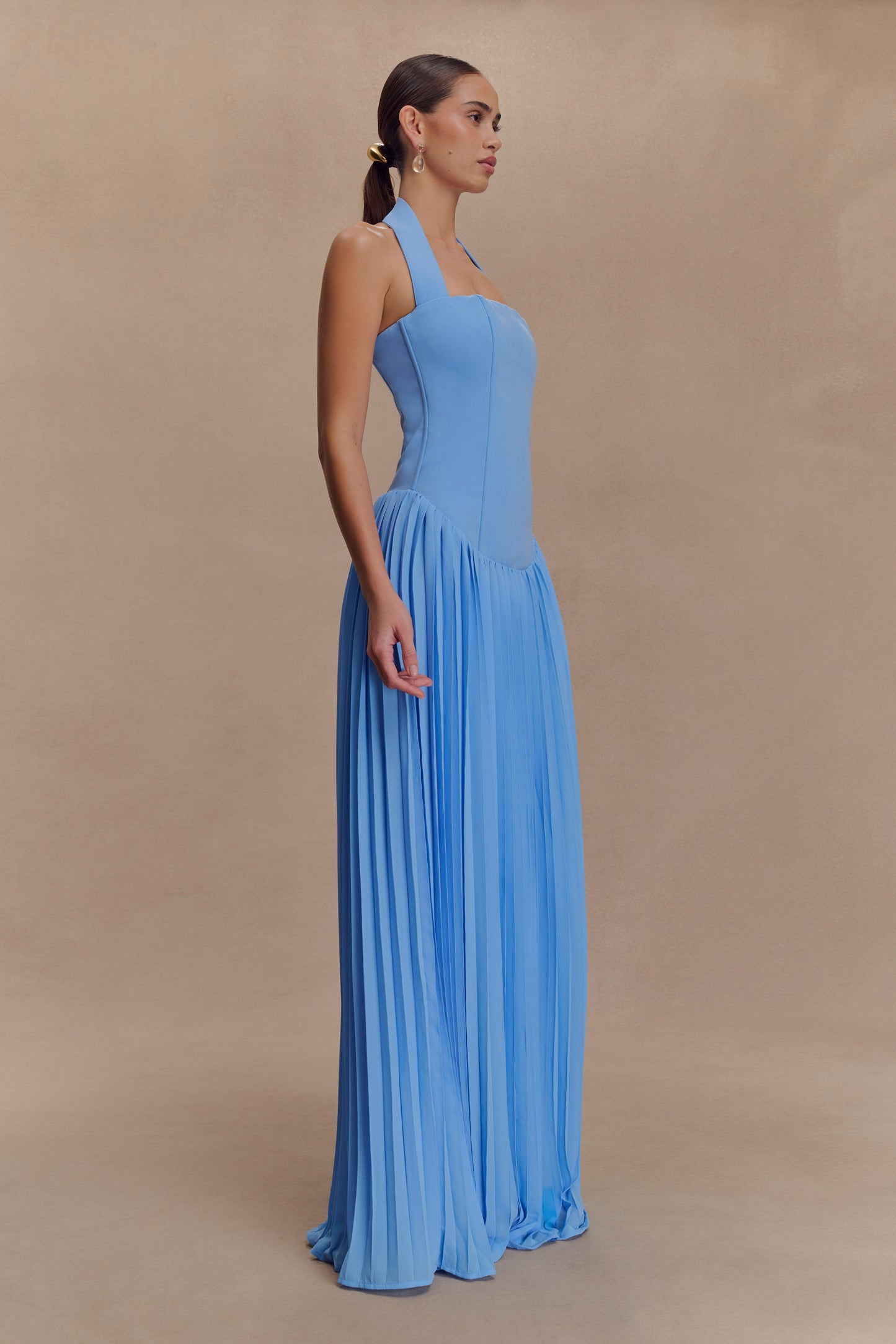 Robe Maxi Stacie à Plis et Emmanchures Croisées - Bleu Clair