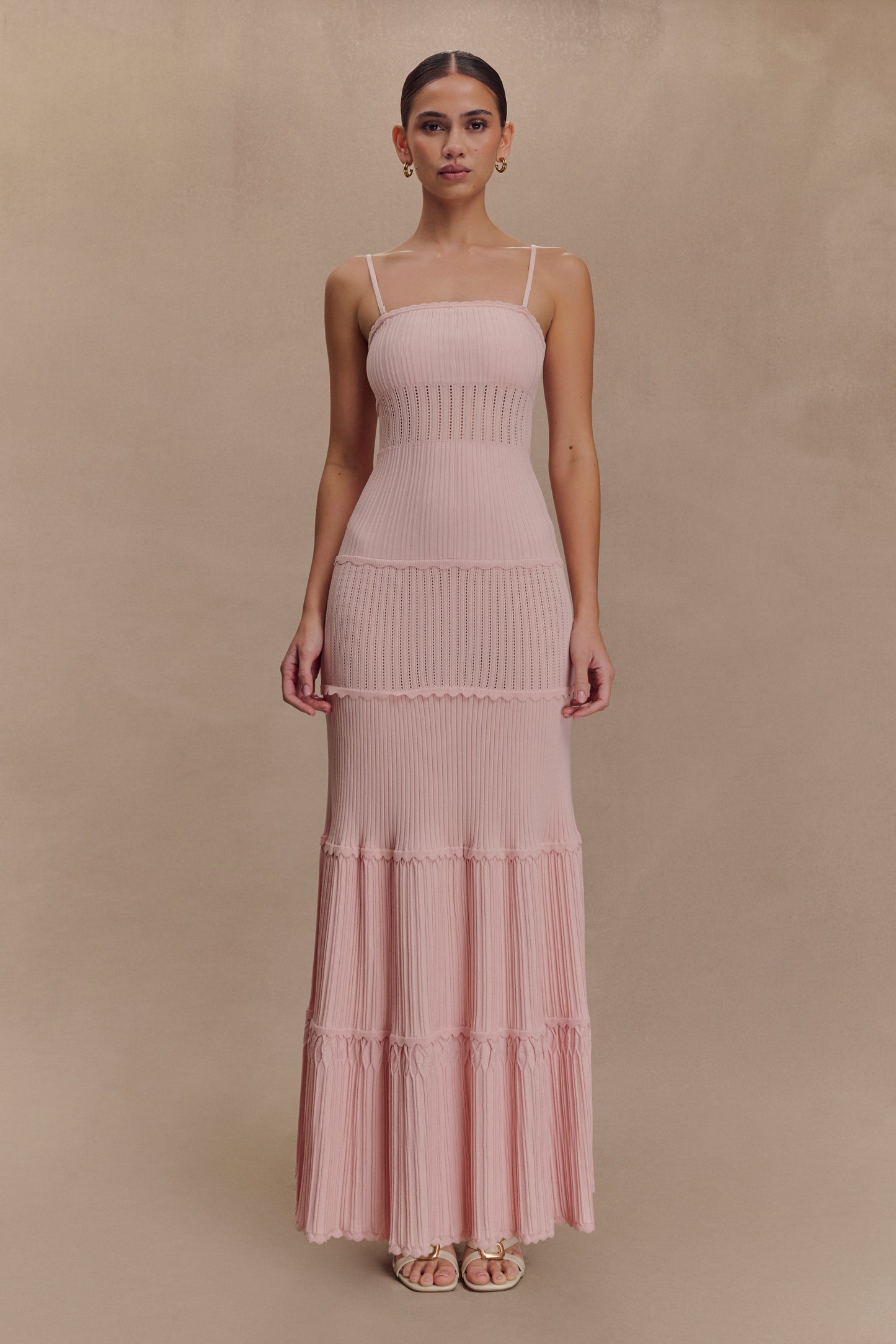 Robe Maxi en Tricot à Motifs Perforés Finley - Rose Poussière