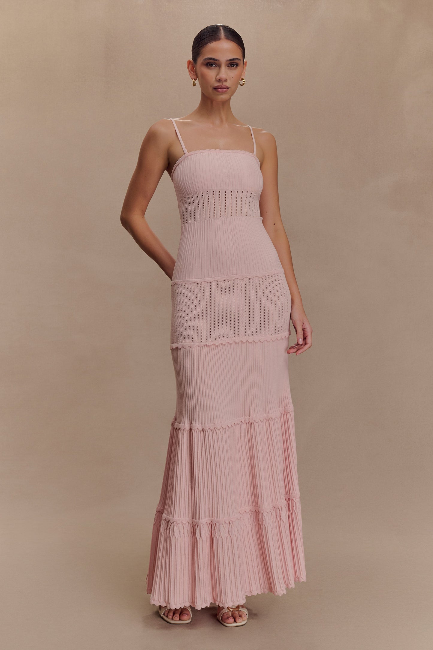 Robe Maxi en Tricot à Motifs Perforés Finley - Rose Poussière