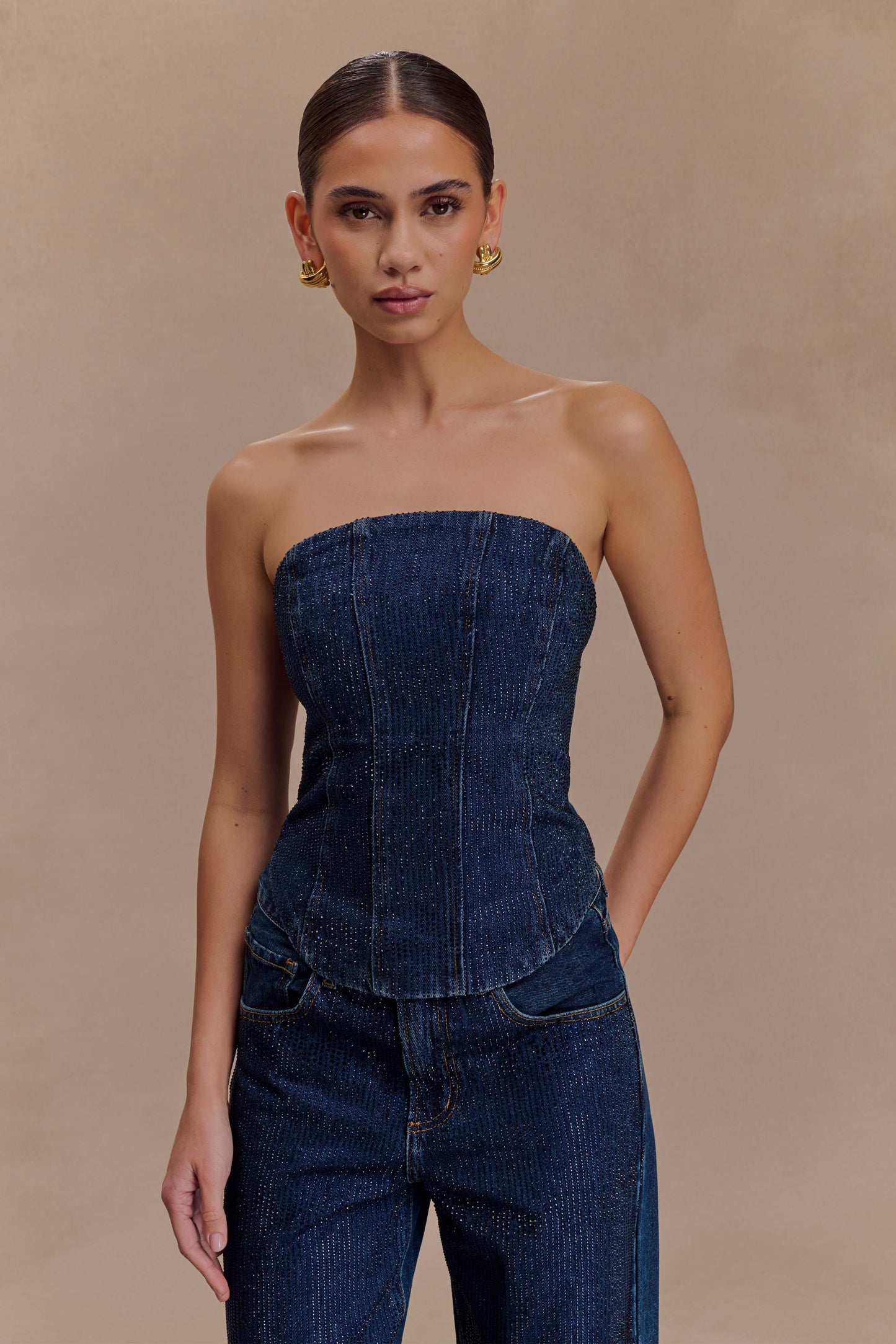 Corset en jean sans bretelles Monte Diamante - Bleu minuit