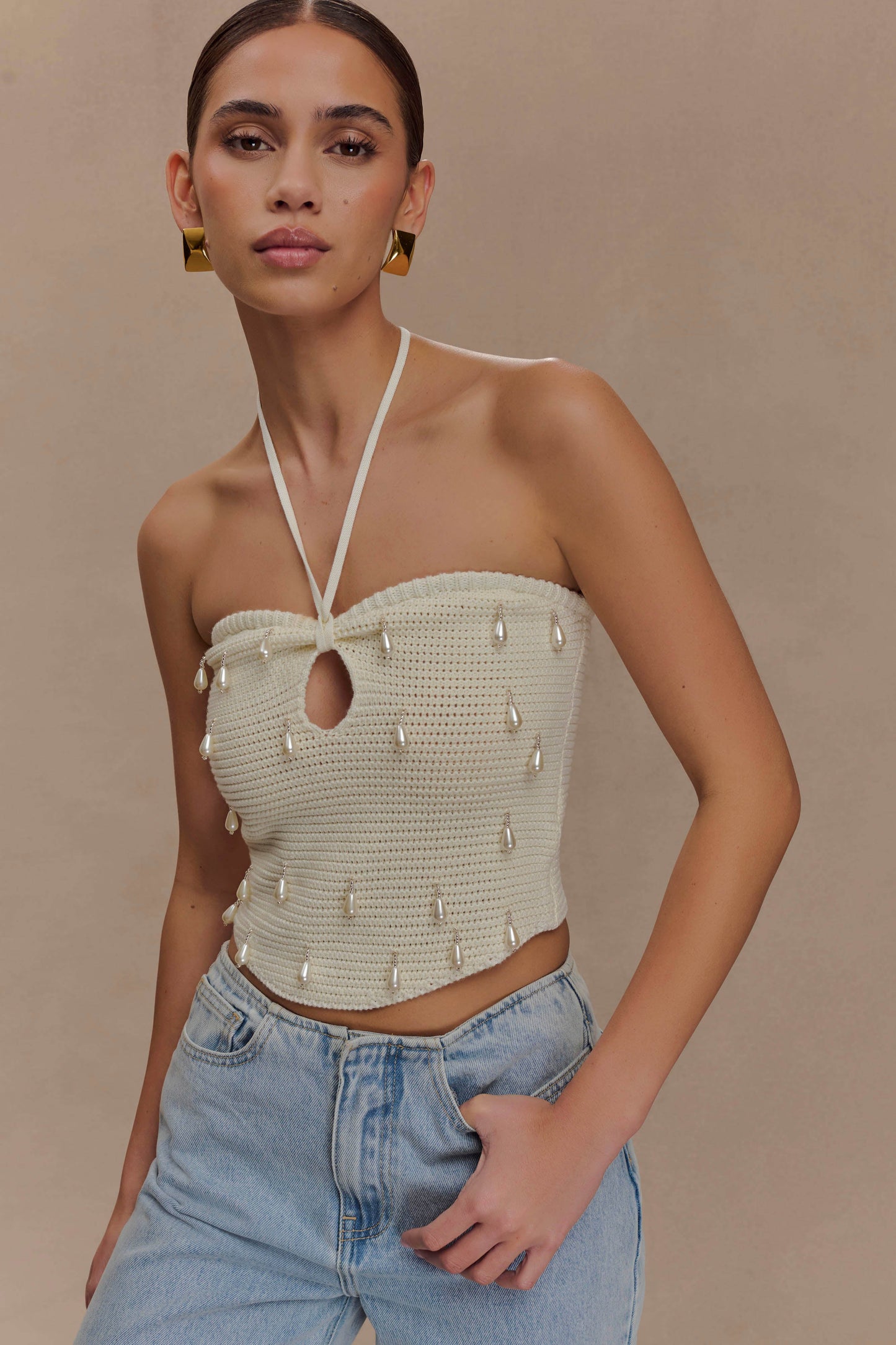 Halter en tricot perlé Aletta - Ivoire