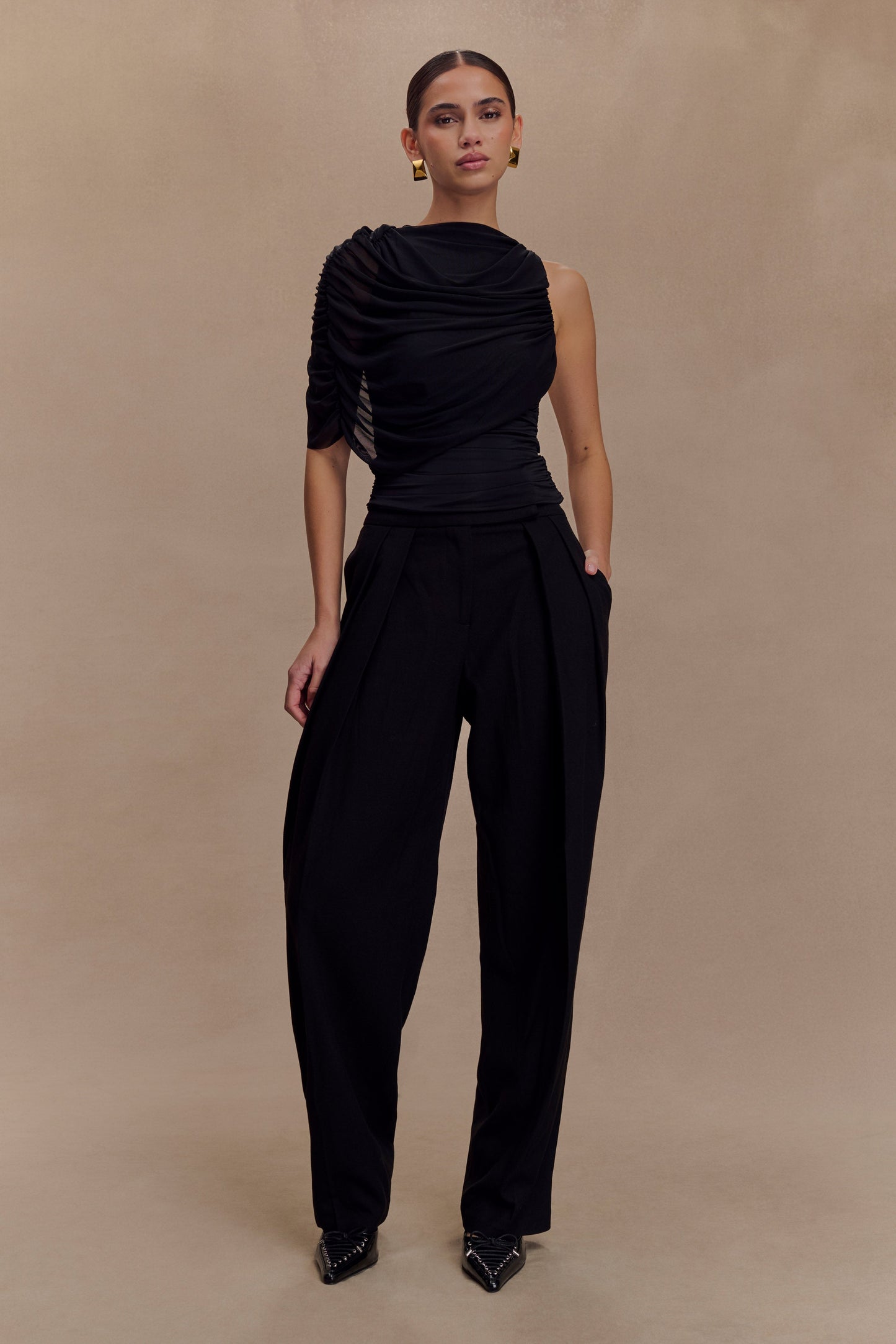 Top fluide et drapé Pruedance avec superposition en mesh - Noir