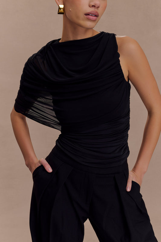 Top fluide et drapé Pruedance avec superposition en mesh - Noir