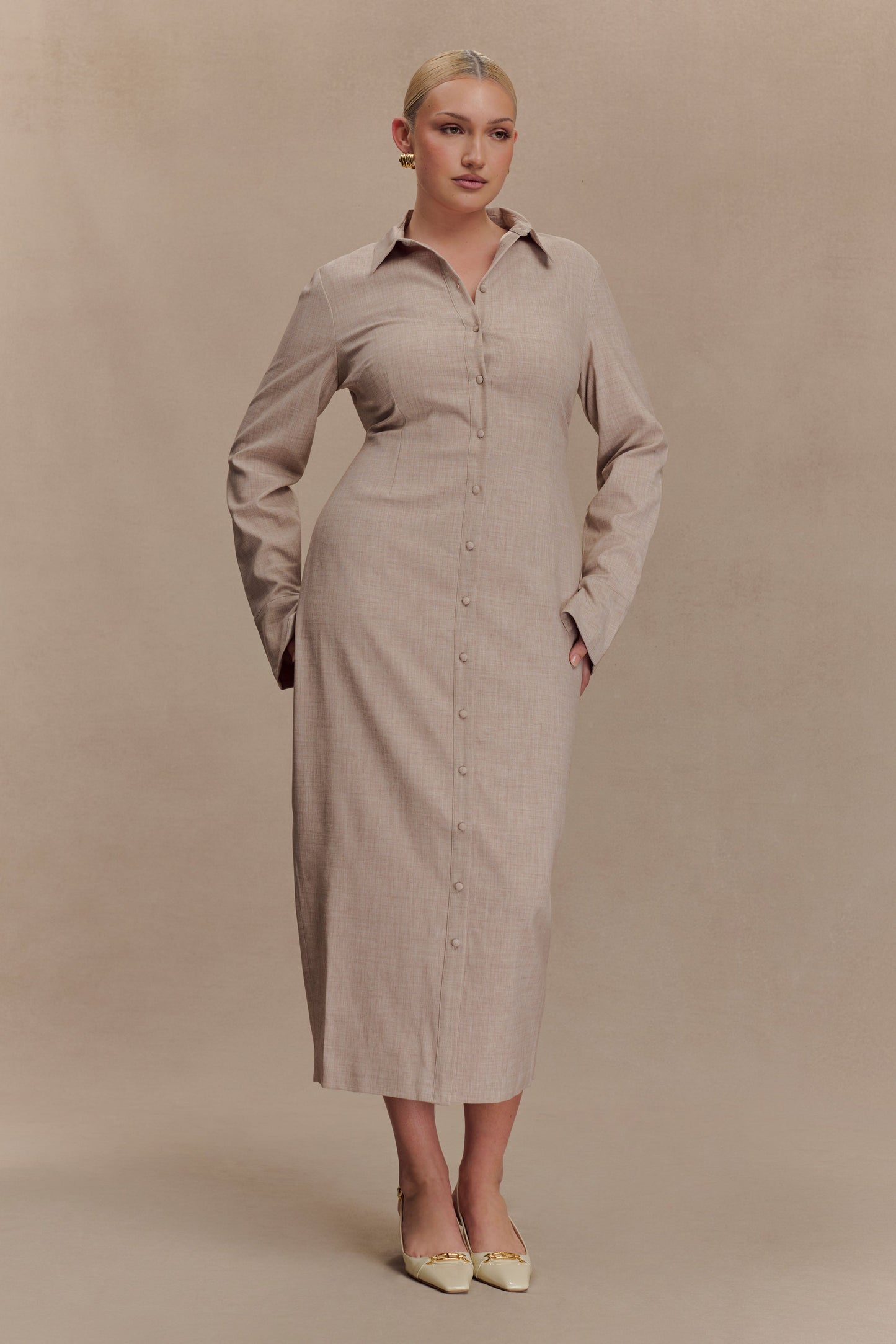 Robe midi Dorian à manches courtes, ajustée - Gris clair mêlé