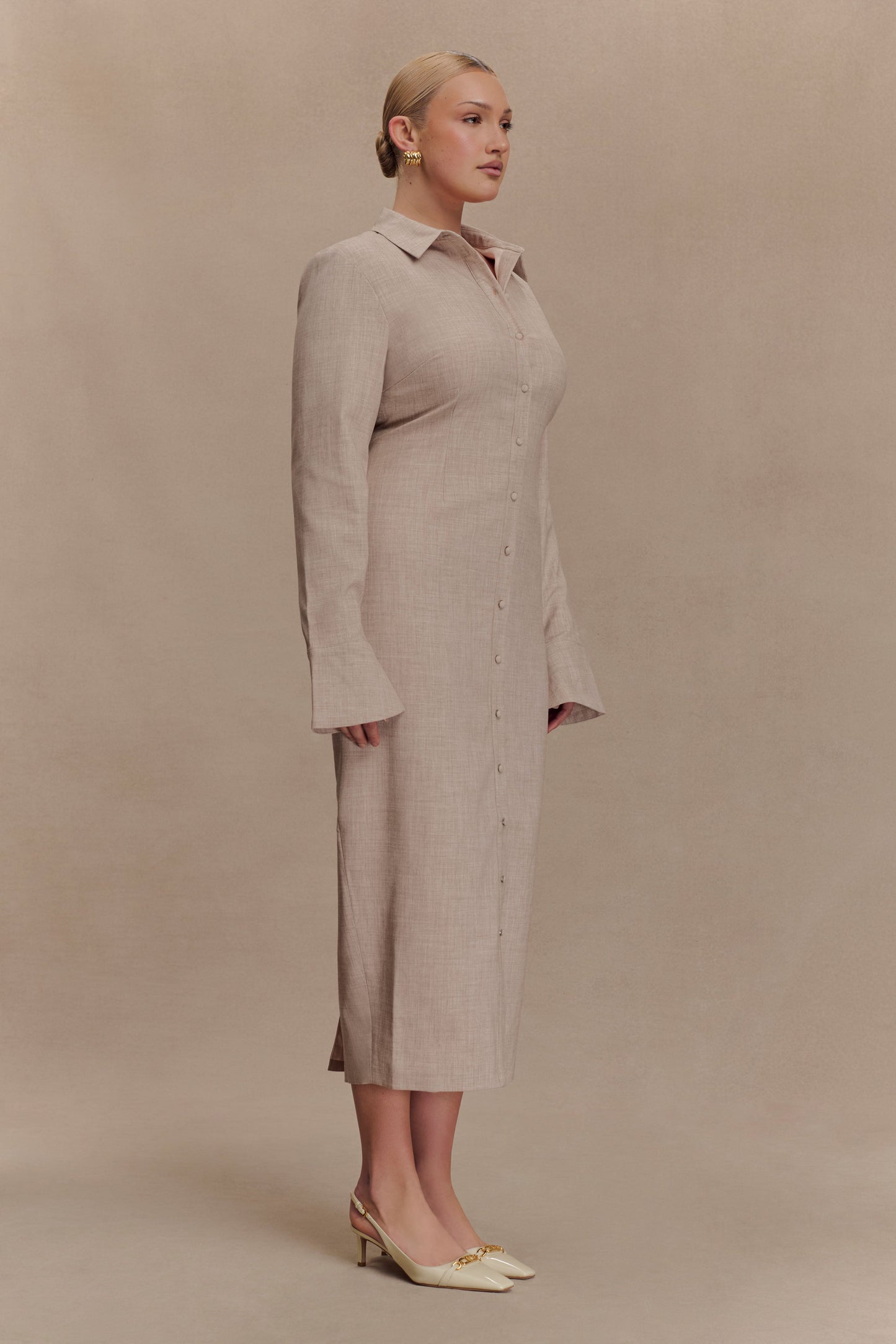 Robe midi Dorian à manches courtes, ajustée - Gris clair mêlé