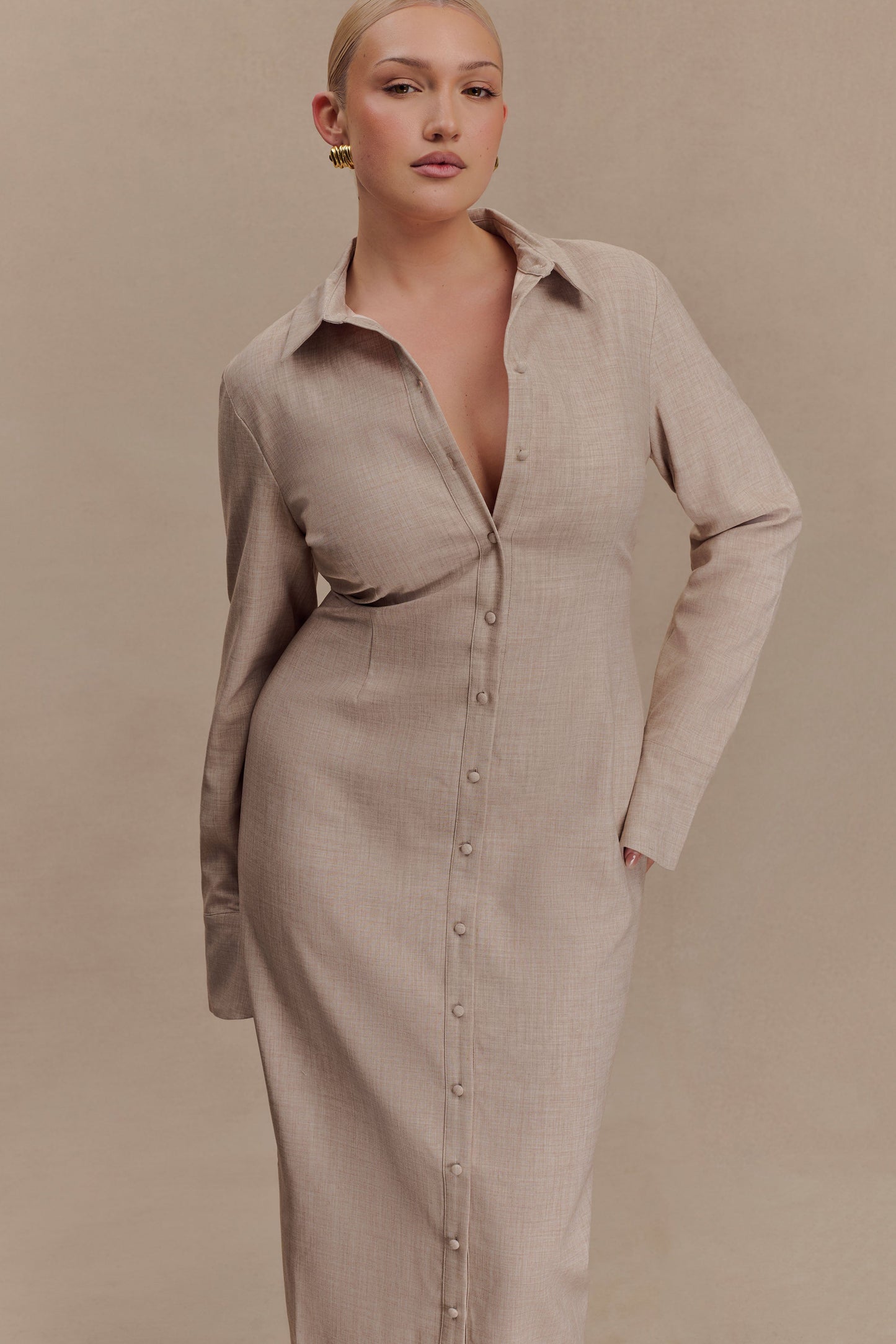Robe midi Dorian à manches courtes, ajustée - Gris clair mêlé