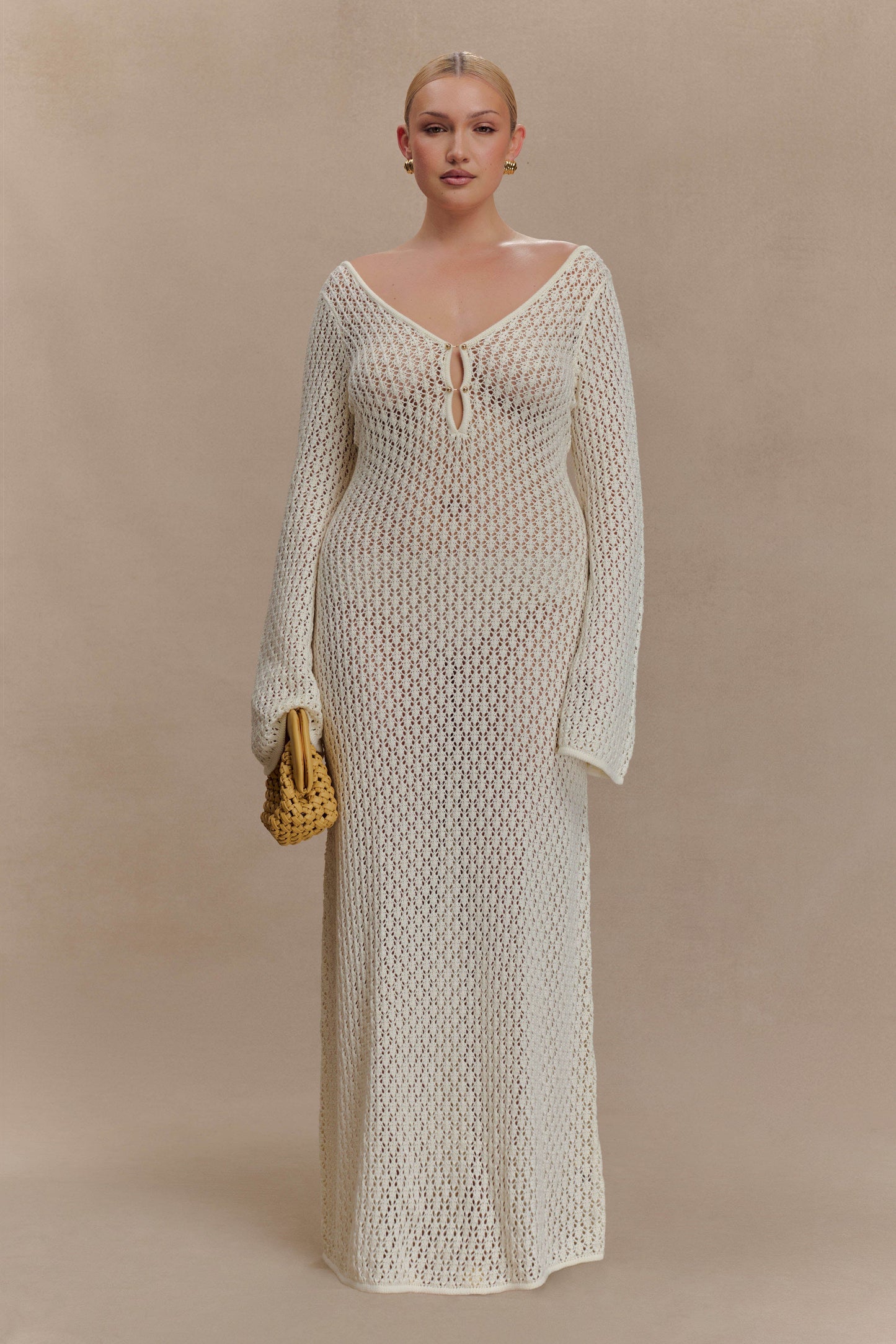 Robe Maxi à Manches Bouffantes en Crochet en Forme de Queue de Poisson - Blanc