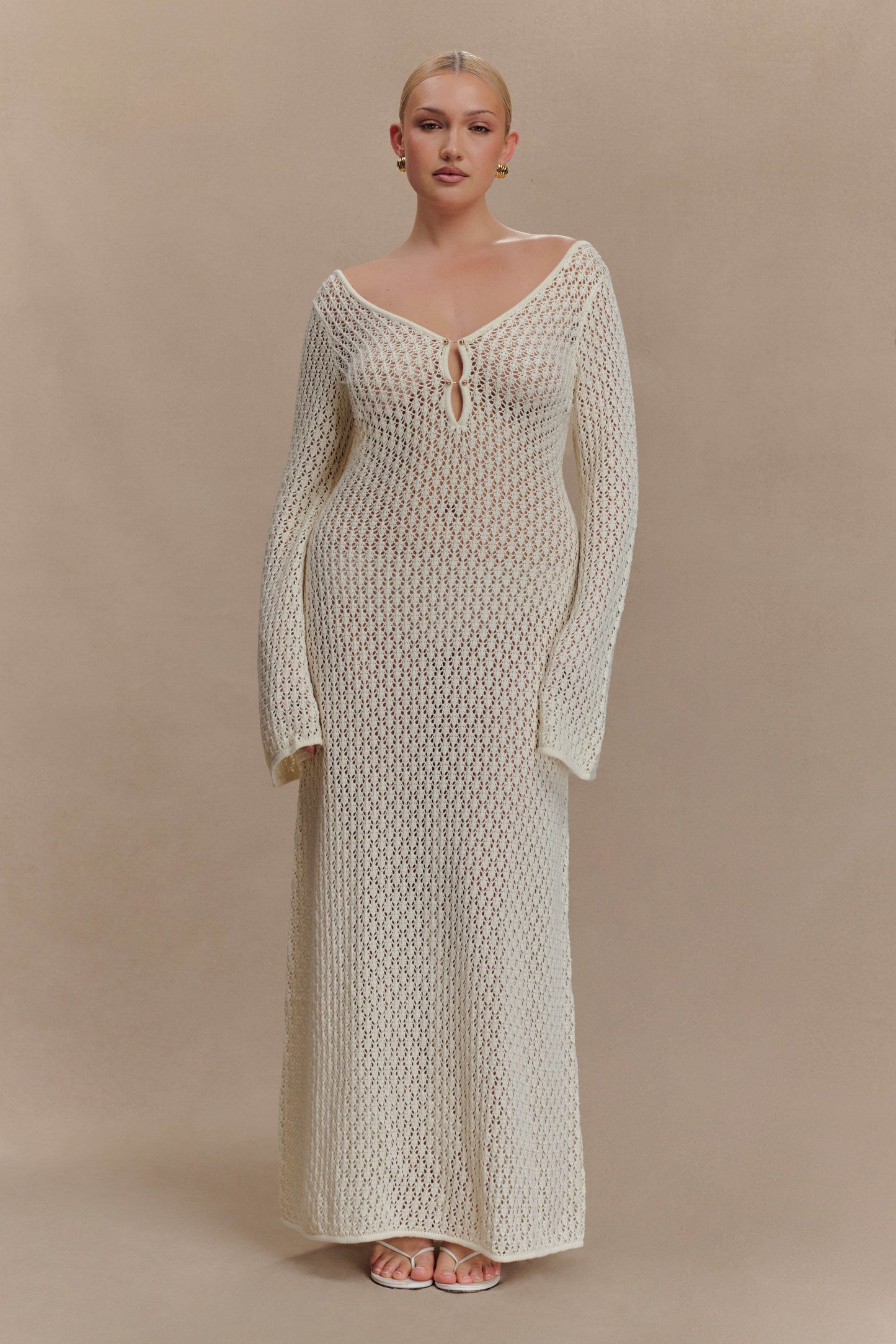 Robe Maxi à Manches Bouffantes en Crochet en Forme de Queue de Poisson - Blanc