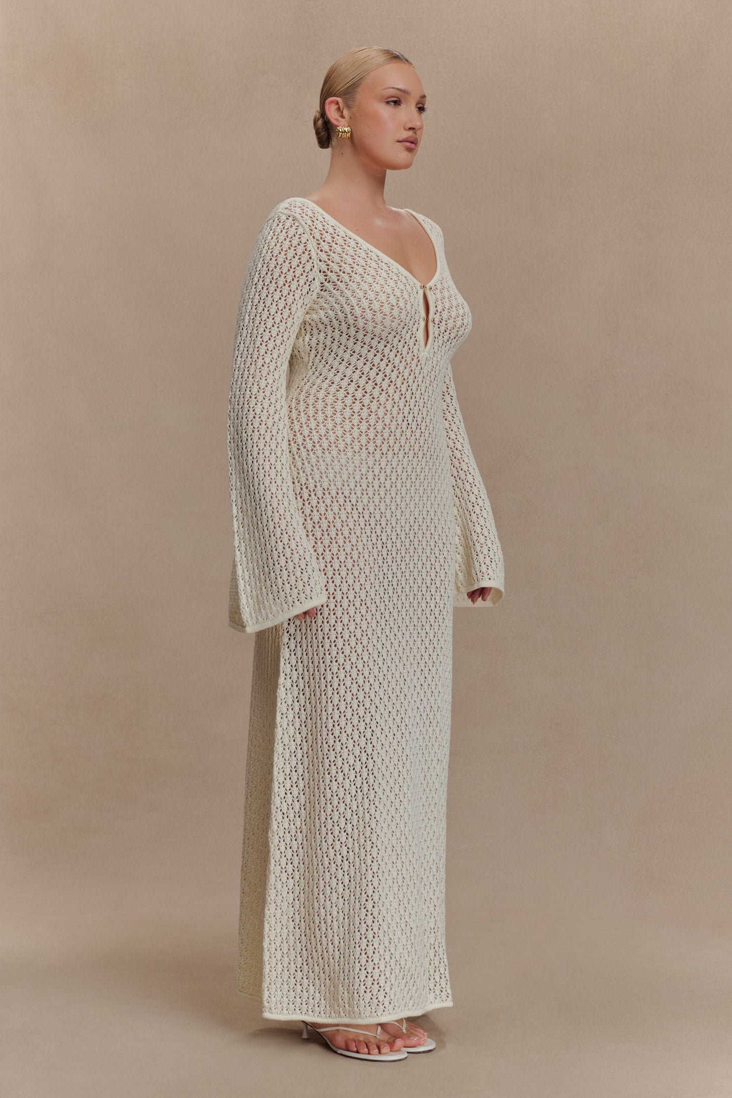 Robe Maxi à Manches Bouffantes en Crochet en Forme de Queue de Poisson - Blanc