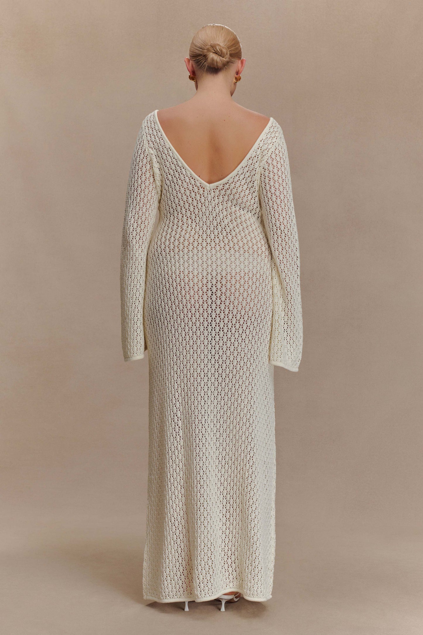 Robe Maxi à Manches Bouffantes en Crochet en Forme de Queue de Poisson - Blanc