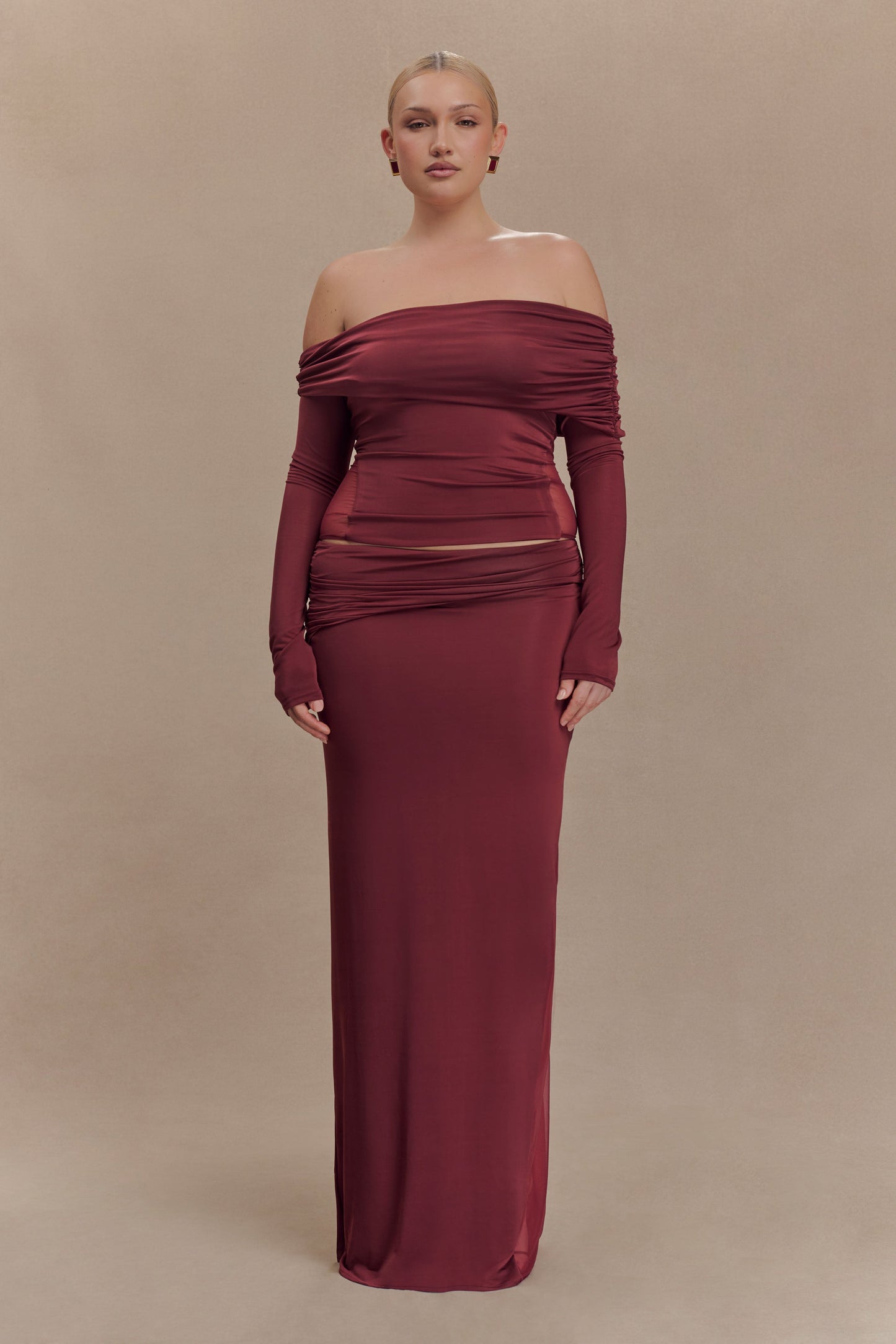 Jupe Maxi en Mousseline et Maille Judy - Vin Rouge