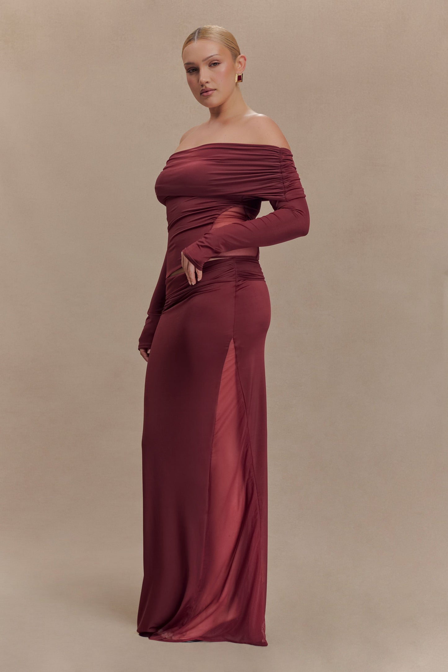 Jupe Maxi en Mousseline et Maille Judy - Vin Rouge