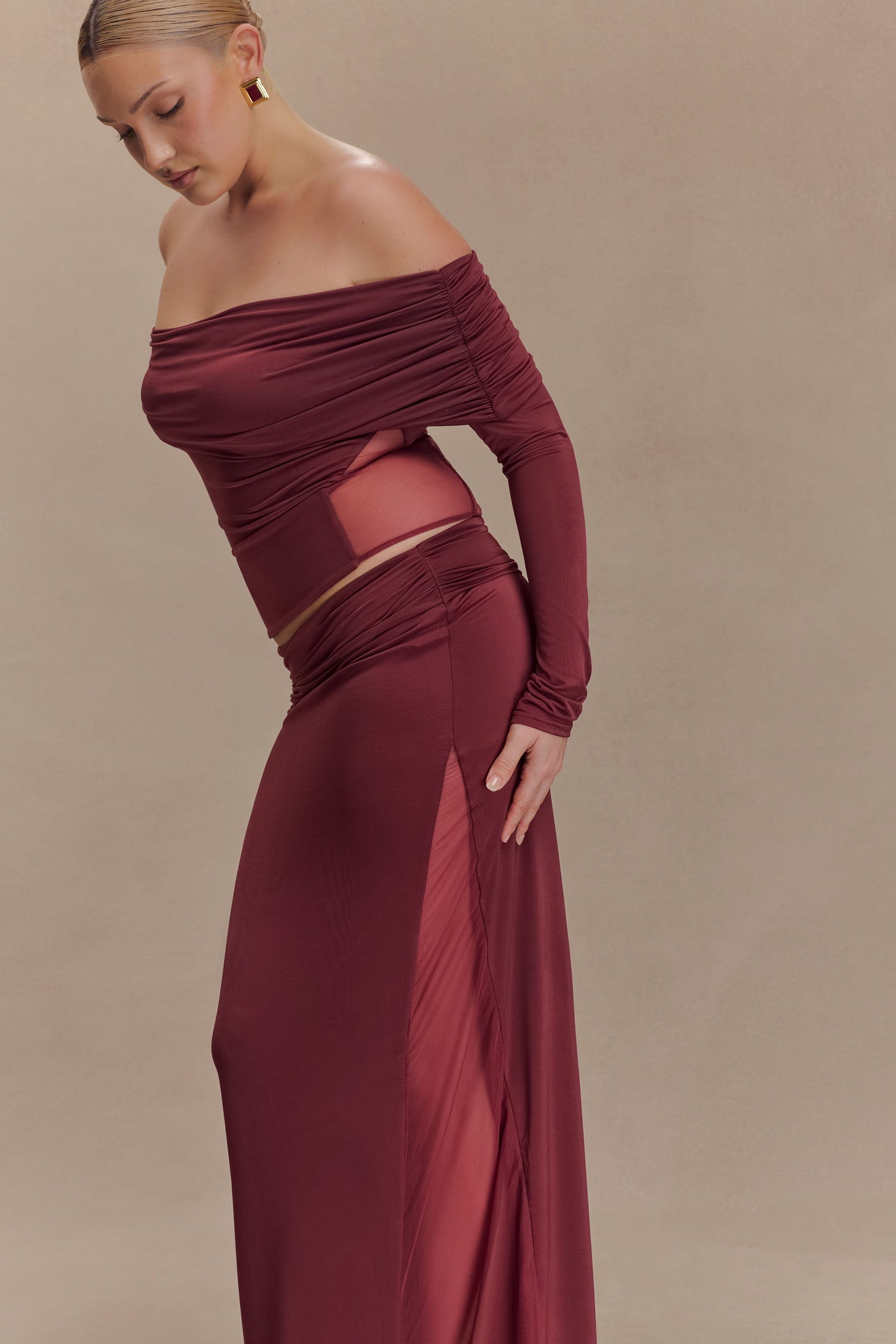 Jupe Maxi en Mousseline et Maille Judy - Vin Rouge