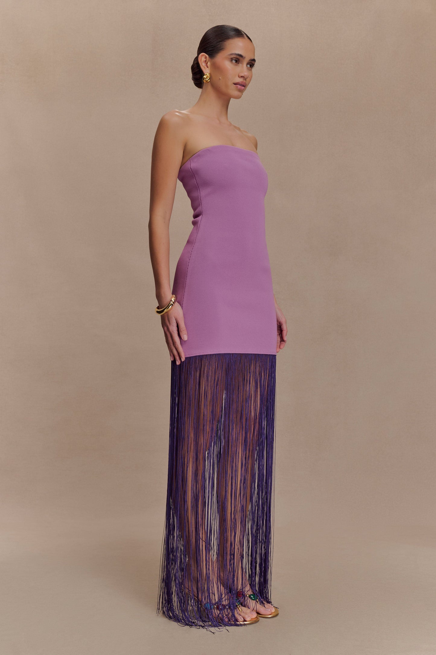 Koah Robe Maxi Tricot à Franges et Emmanchures - Violette