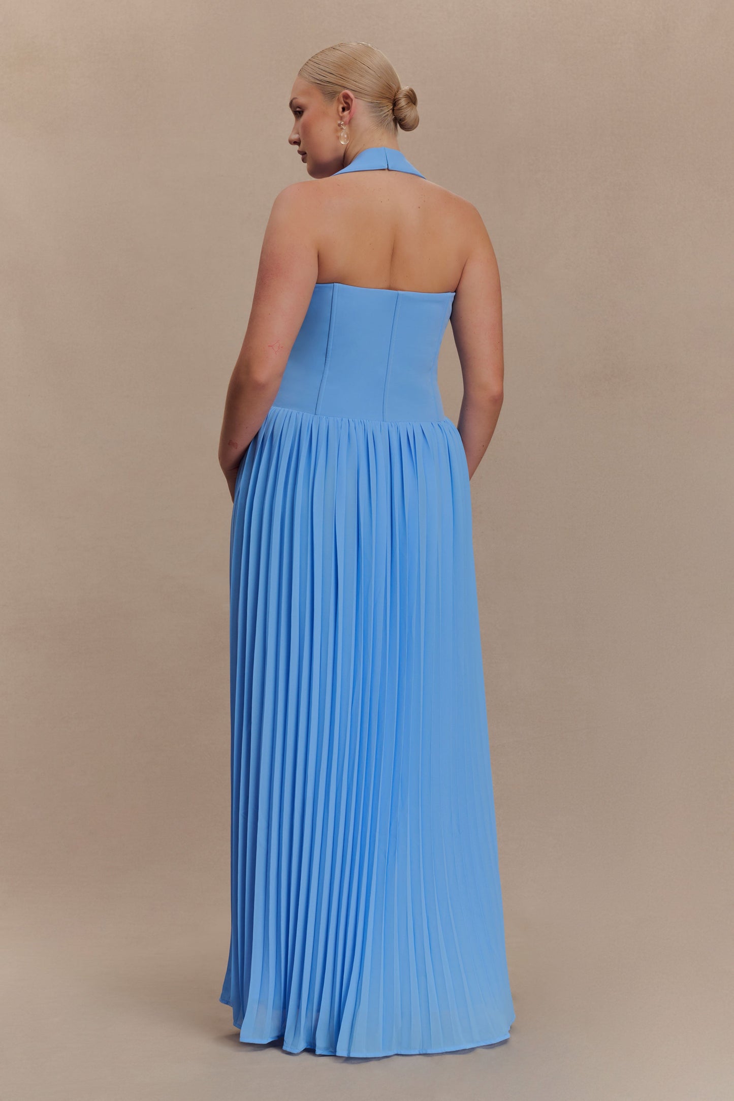 Robe Maxi Stacie à Plis et Emmanchures Croisées - Bleu Clair