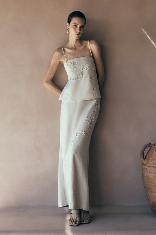 Jupe Maxi en Lin Brodé Casey - Naturel