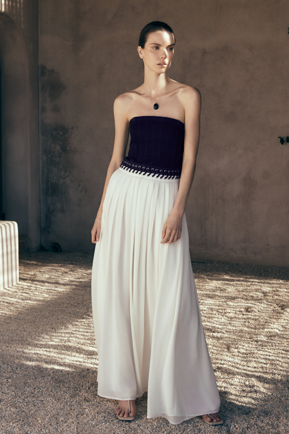 Robe maxi en jean et mousseline de soie Suella - Bleu indigo
