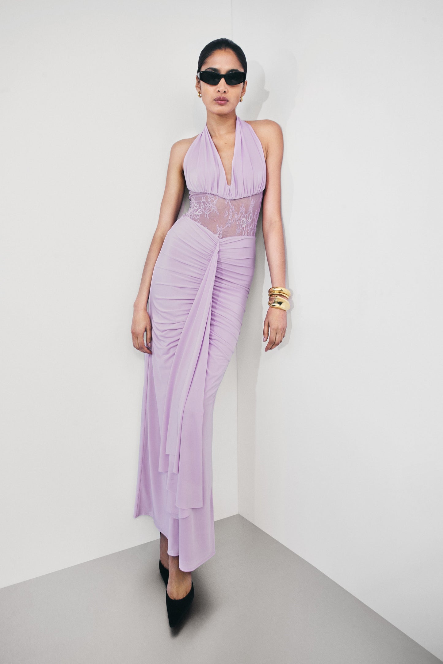 Bonnie Robe Maxi en Mousseline et Dentelle - Lilas