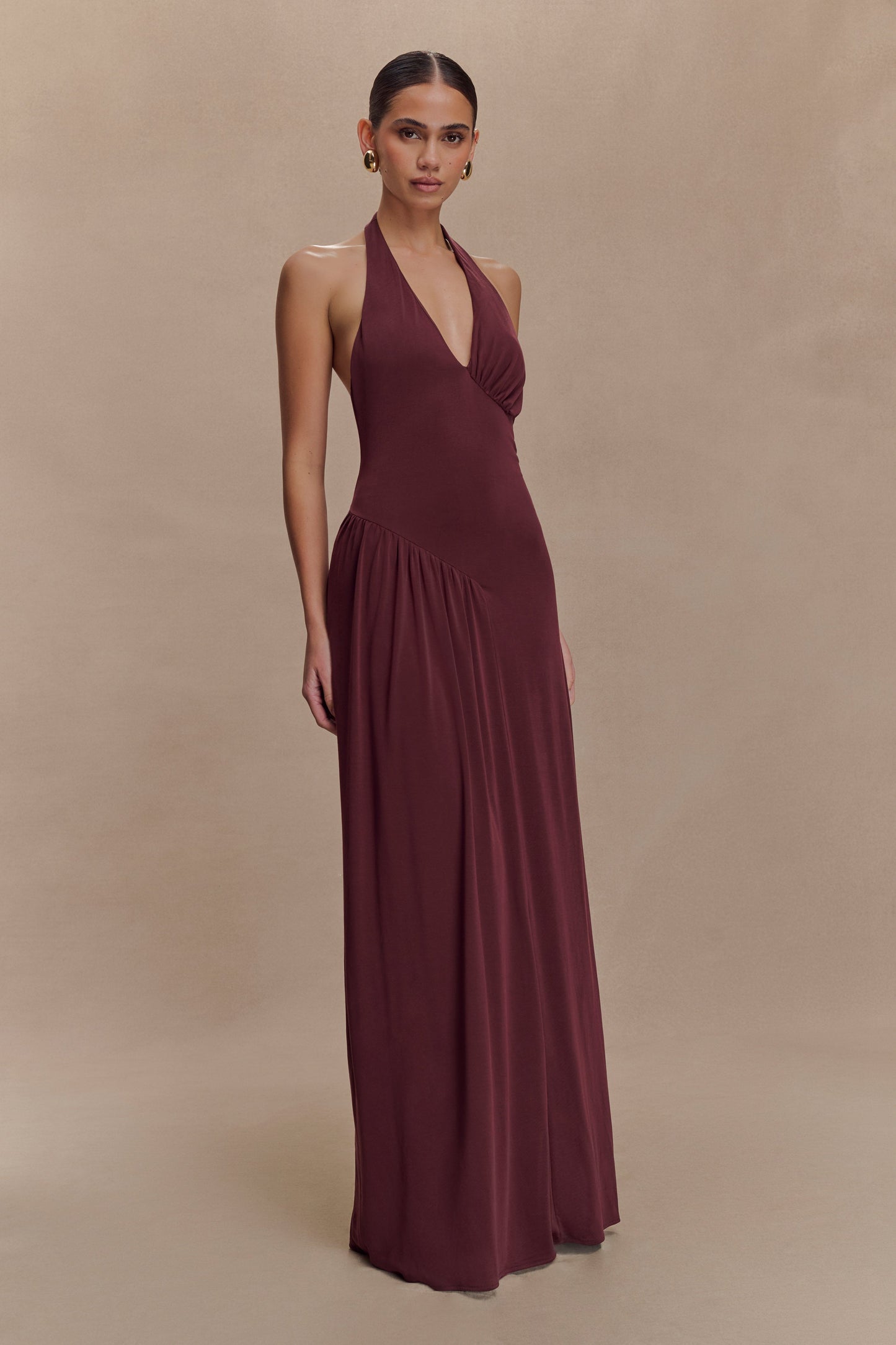 Robe Maxi Halter à Fronces Yelena - Brun-Rouge