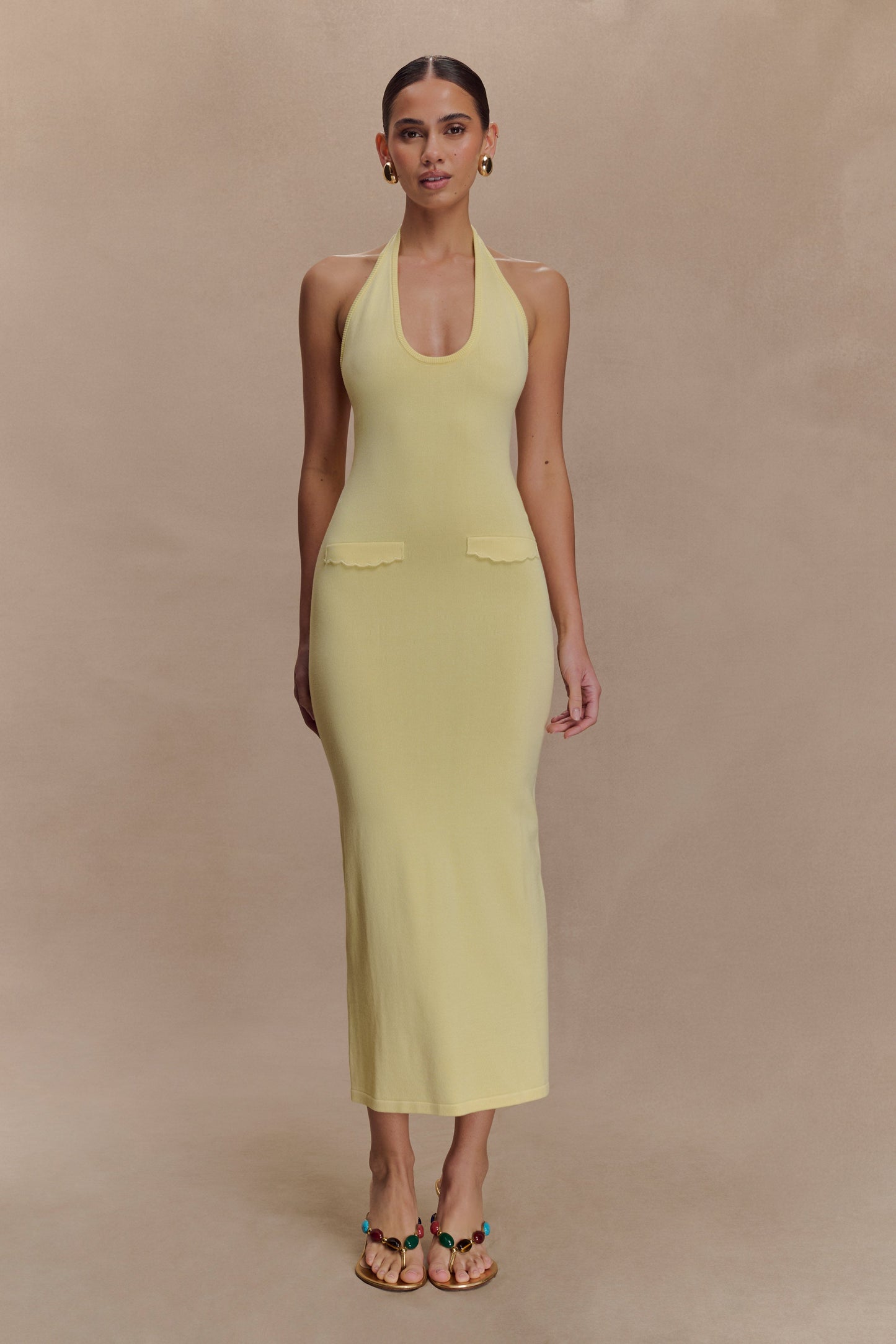 Robe mi-longue en tricot à col halter Ovina - Citron