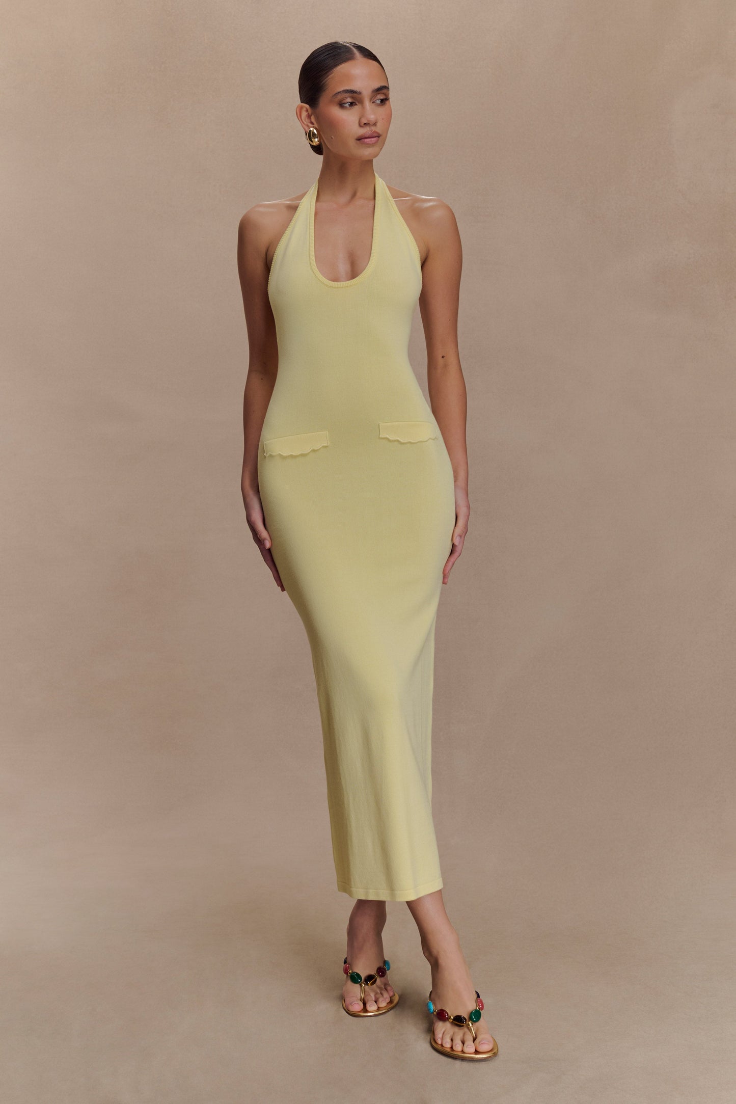 Robe mi-longue en tricot à col halter Ovina - Citron