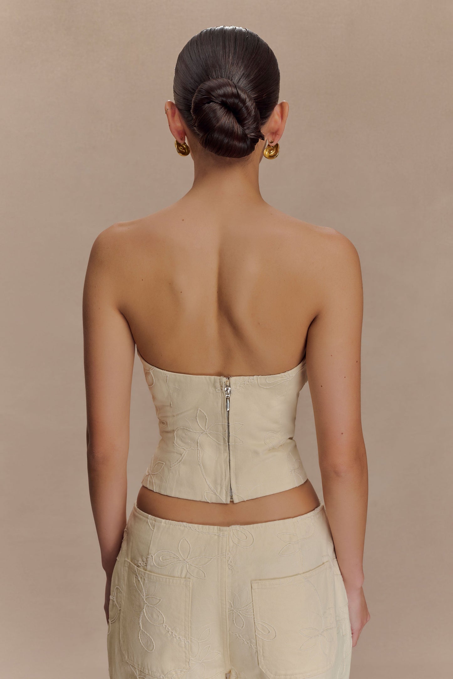 Corset en jean brodé ébène - Crème