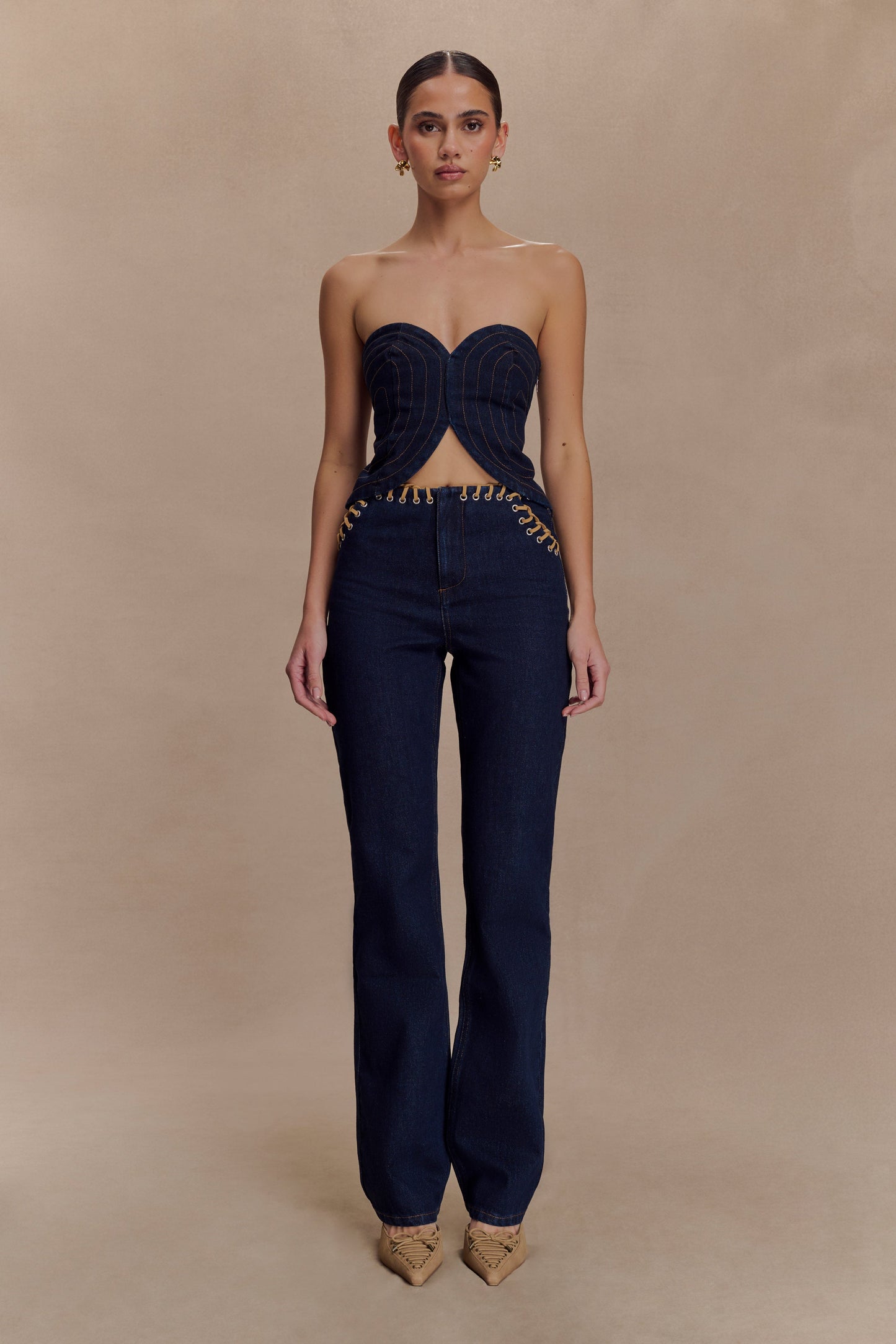Top en jean sans bretelles à surpiqûres Tully - Bleu indigo