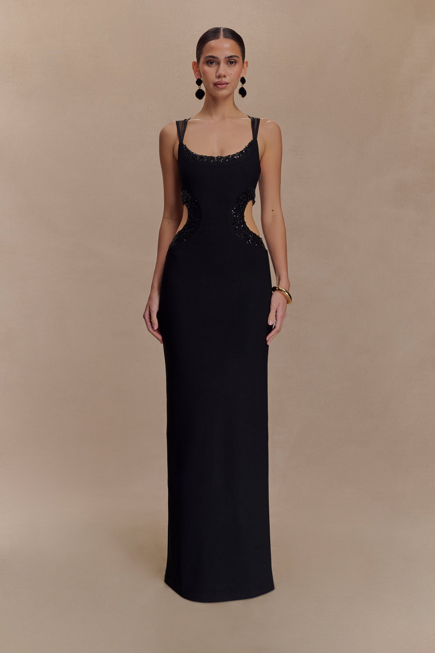 Robe Maxi en Crêpe Perlée Angelique - Noir