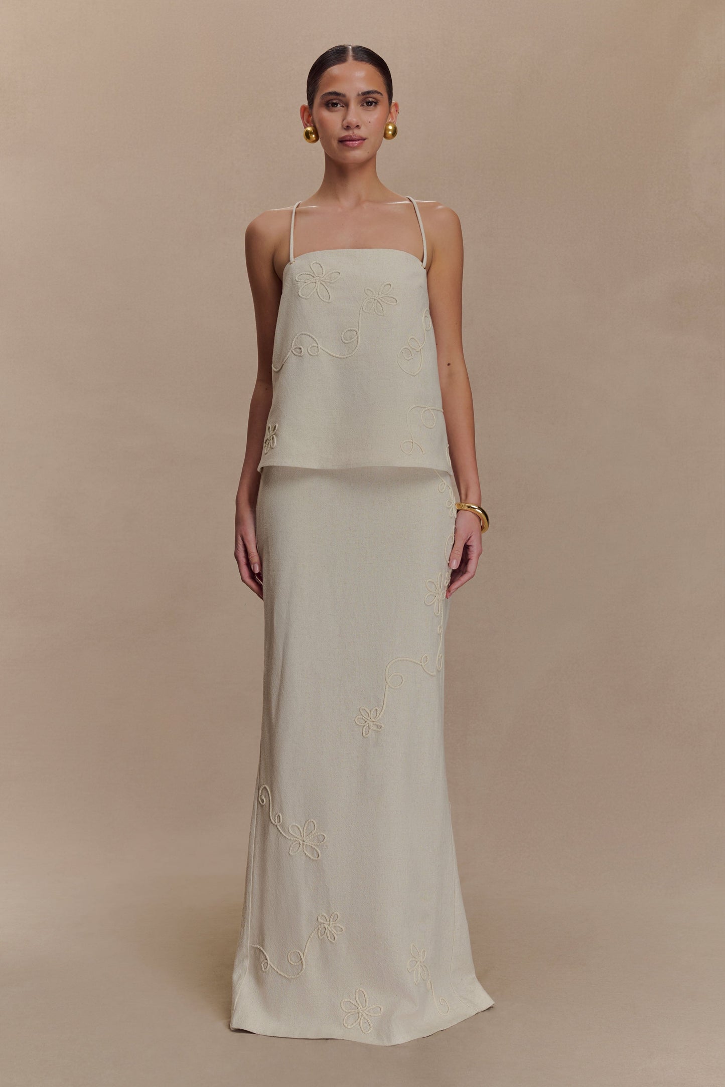 Jupe Maxi en Lin Brodé Casey - Naturel