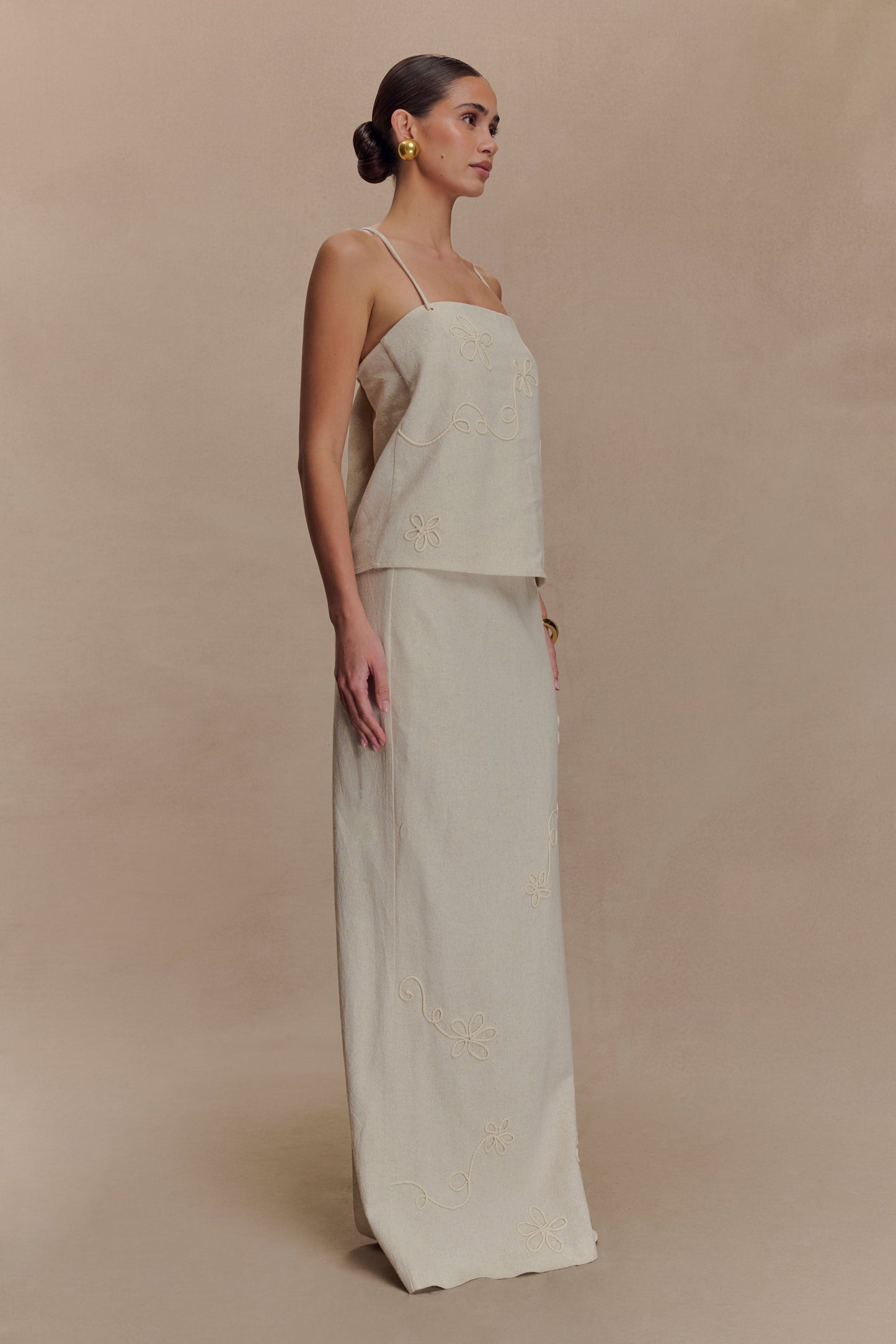 Jupe Maxi en Lin Brodé Casey - Naturel